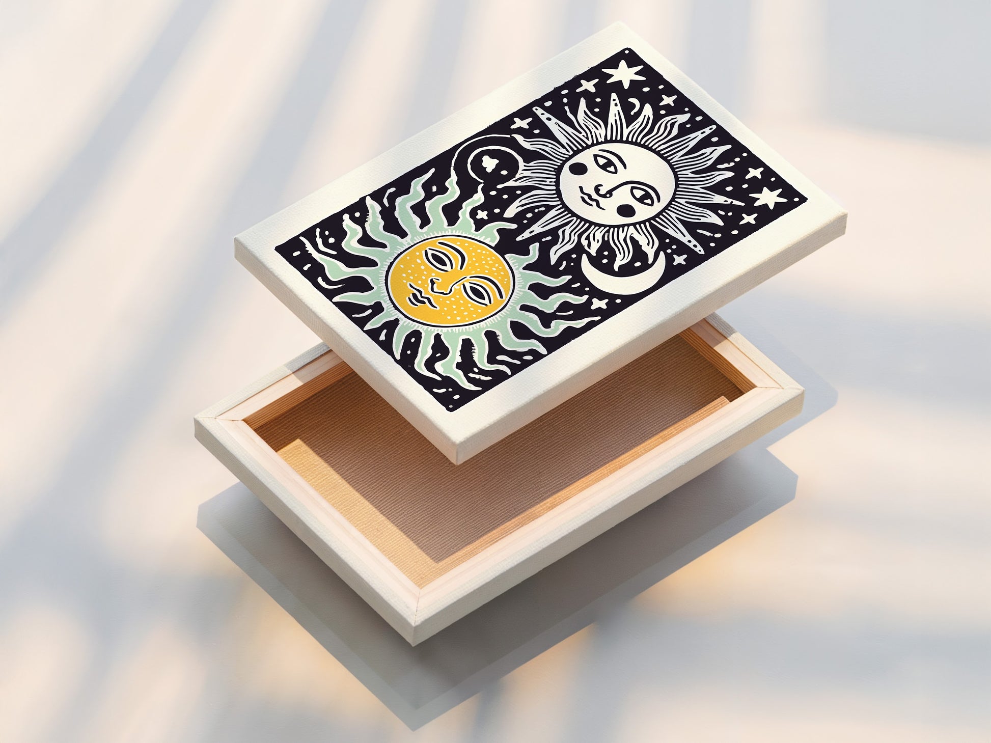 Stretched canvas print is showcased. The canvas is tightly stretched. The print is vibrant and detailed. The artwork is ready to hang. The canvas material enhances the art. It is a perfect addition to any space.