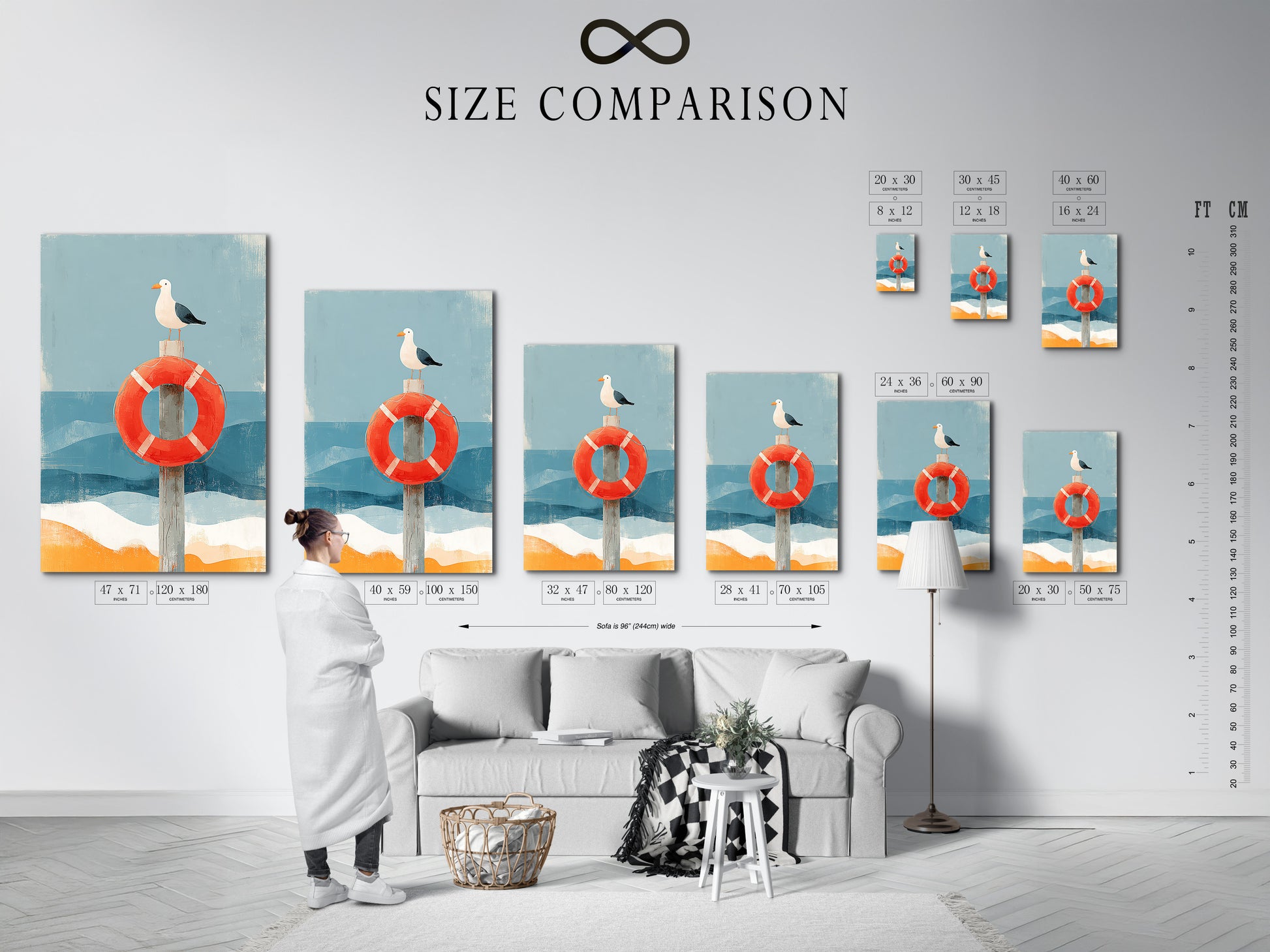 Size comparison chart in an interior setting. This chart helps visualize art dimensions. See how different sizes fit your space. Find the perfect size for your wall art needs.