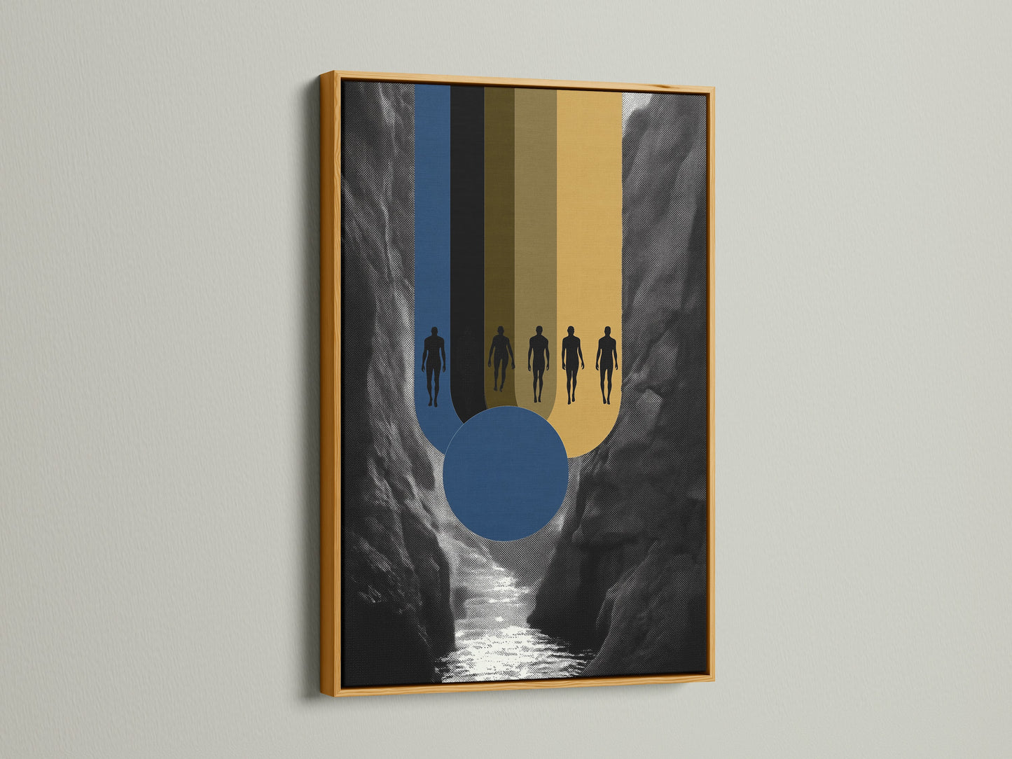 Abstract Figures Canvas Print in a gold frame. This is a modern geometric artwork featuring a mountain river. This gold frame adds a touch of luxury. Perfect for contemporary art and figure artwork lovers.