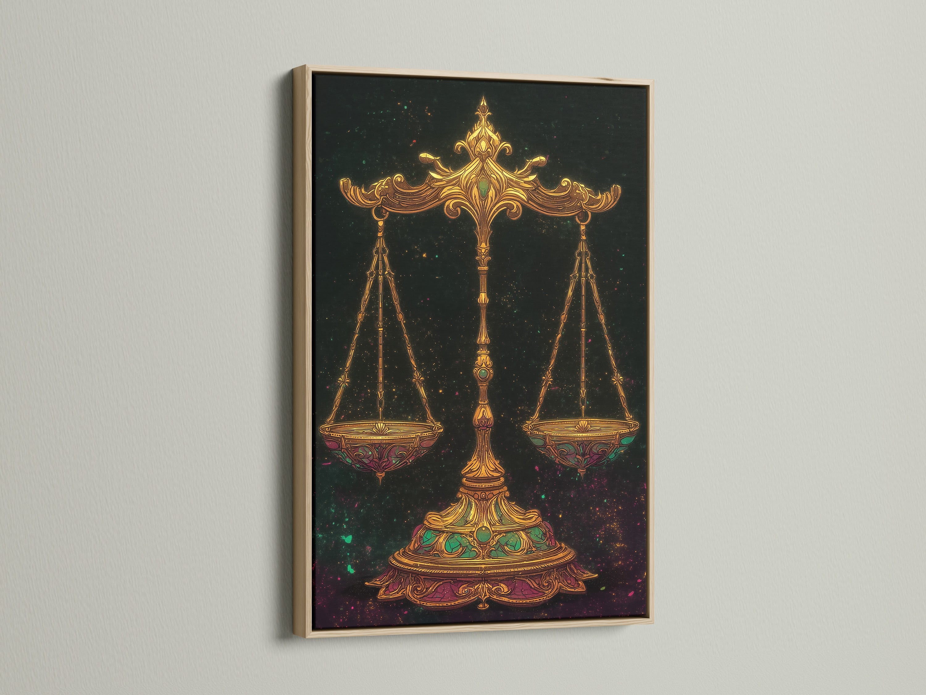 Enhance your living space with our captivating Libra Zodiac Art Print. The oak frame adds a touch of natural elegance to this scales of justice artwork. Perfect as astrology wall art. Let this celestial print transform your home into a sanctuary.