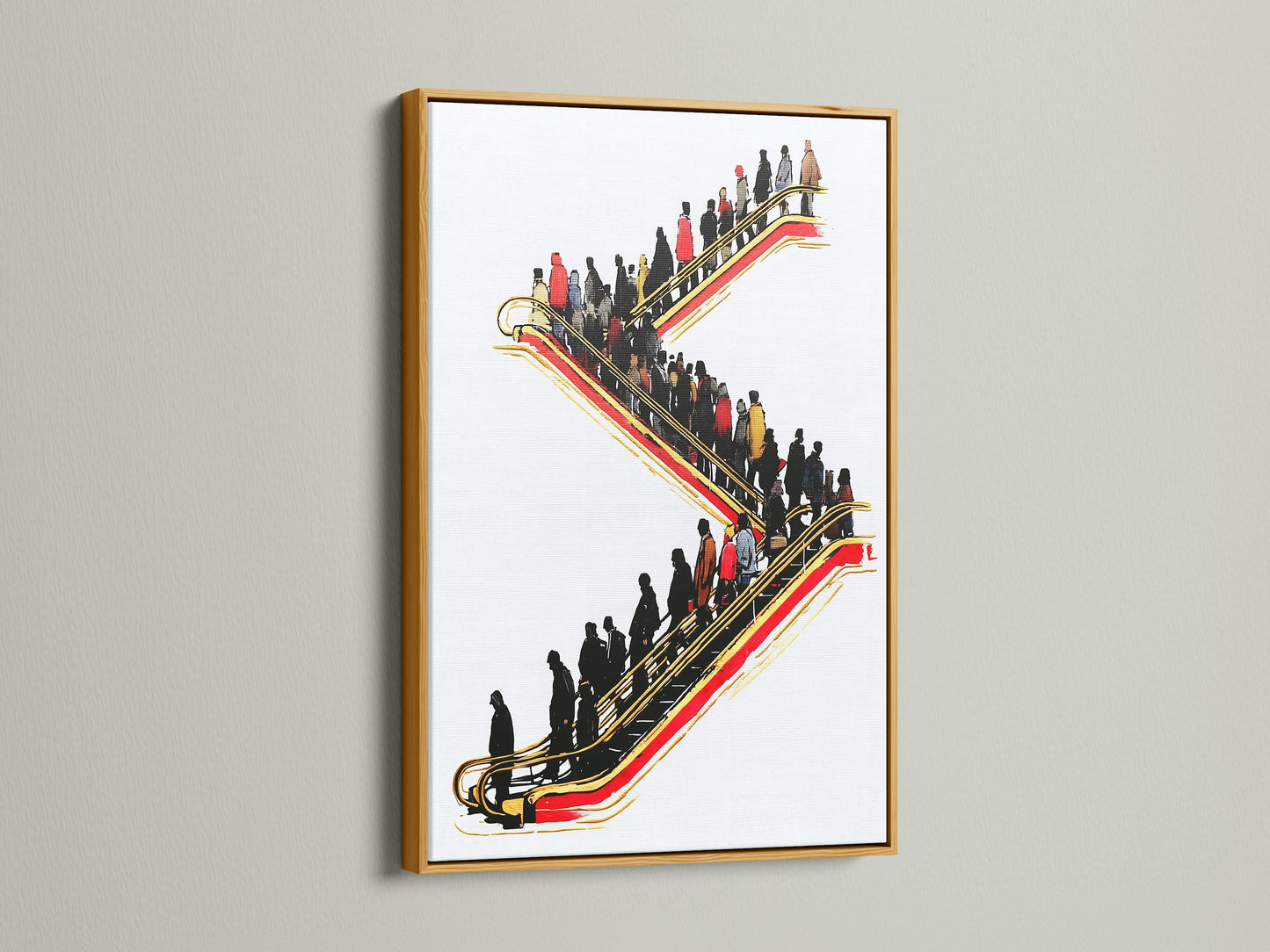 Add a touch of luxury to your office with this stunning escalator artwork. The gold frame enhances the red and gold accents. This urban canvas art is perfect for business owners. It elevates modern minimalist and contemporary styles. Consider this artwork for waiting rooms and boardrooms.