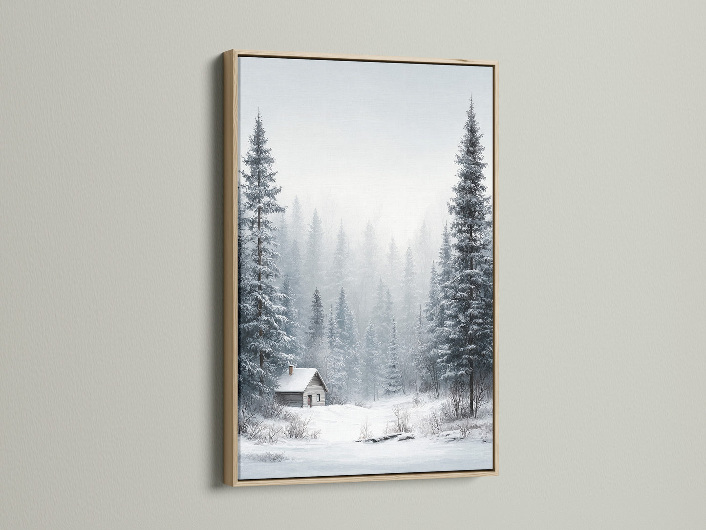 Winter Forest artwork showcased in an oak frame. The artwork features a serene snow landscape. Pine trees surround a cozy cabin. This framed art enhances rustic and Scandinavian-themed rooms. Add warmth to your home today.