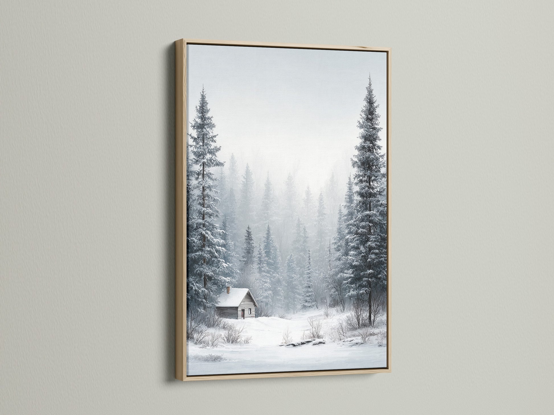 Winter Forest artwork showcased in an oak frame. The artwork features a serene snow landscape. Pine trees surround a cozy cabin. This framed art enhances rustic and Scandinavian-themed rooms. Add warmth to your home today.