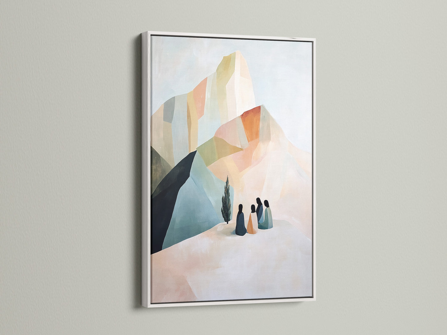 Beige and blue abstract mountain artwork in a white frame. Contemporary wall decor for minimalist and modern aesthetics. Perfect as living room or bedroom art. It is a beautiful piece.