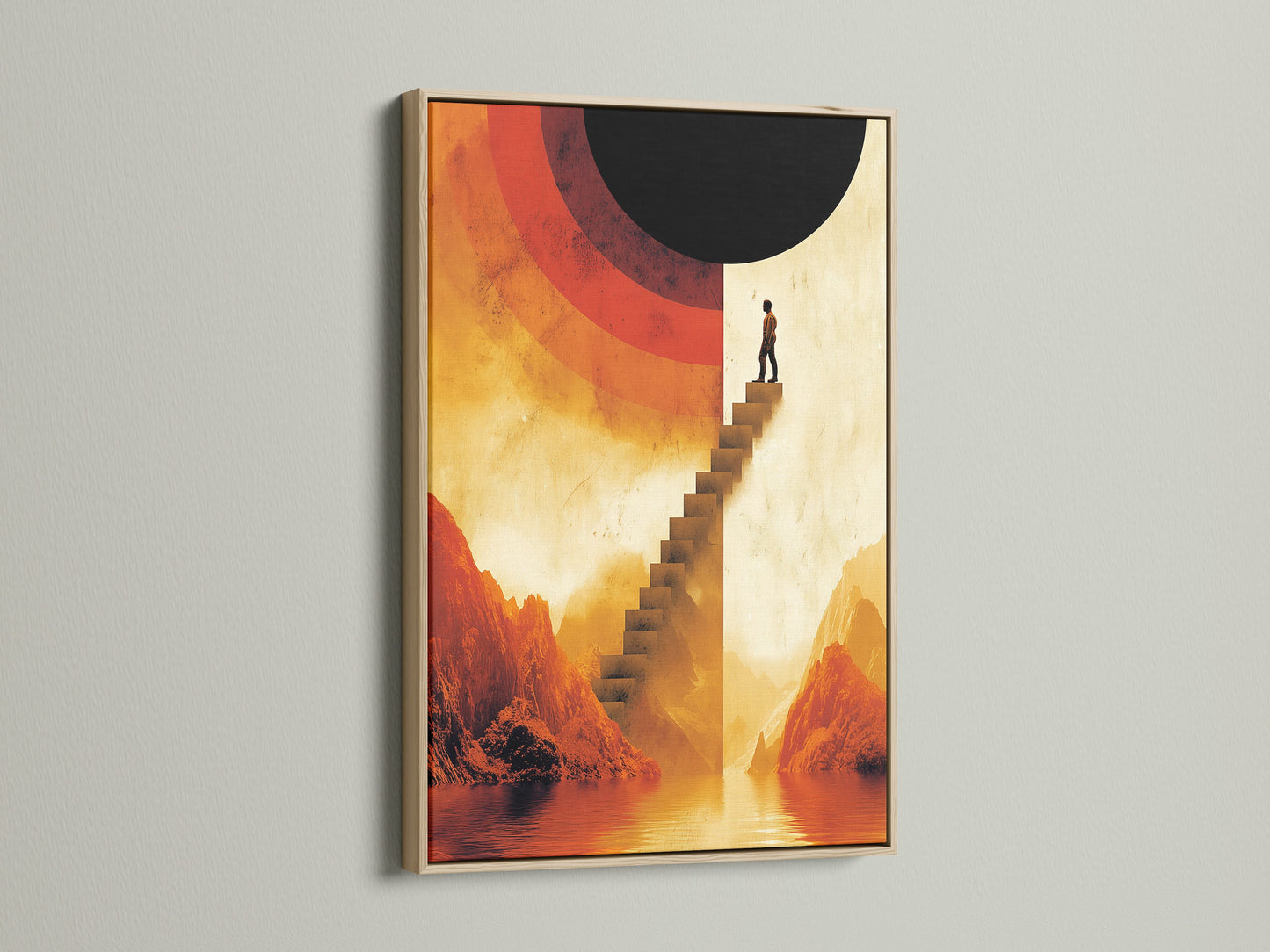 Surreal stairway canvas artwork with an oak frame. The artwork features an abstract landscape and a stairway. Warm earth tones create a soothing effect. Perfect wall art for a living room or office. The oak frame enhances the contemporary style.