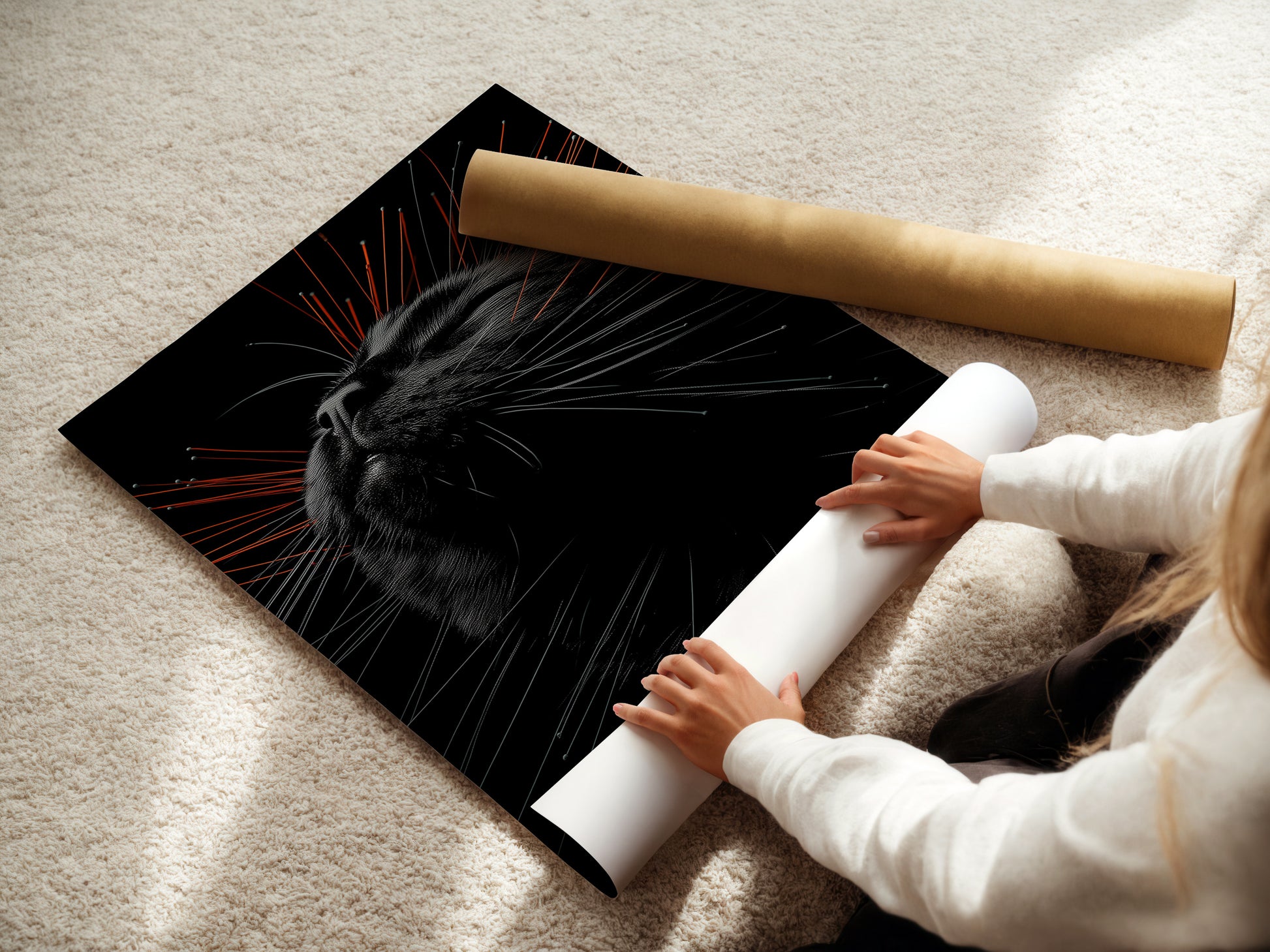 A woman carefully rolls a fine art poster paper featuring a cat portrait. High-quality materials ensure lasting beauty. Perfect for cat lovers who appreciate fine art and want to add feline artwork to their home decor. Order yours today.