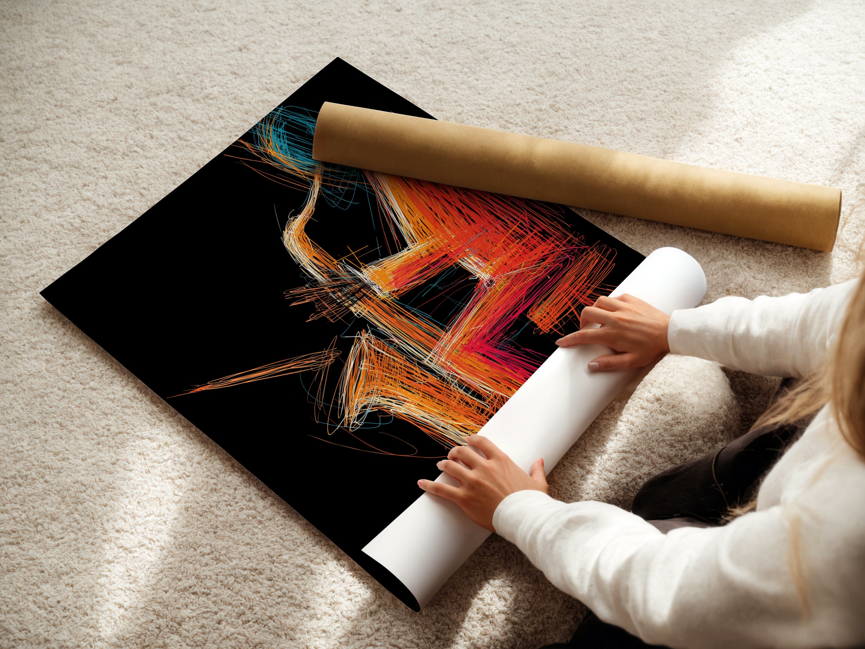 A woman is carefully rolling a fine art poster paper print. The Jazz Saxophone Art Print is ready for framing or display. High-quality printing ensures vibrant colors and details. Ideal for music enthusiasts and art collectors.