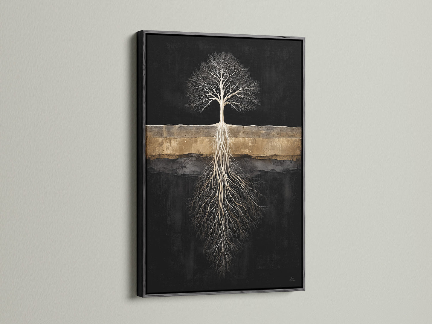 The striking Tree of Life artwork is presented in a black frame. This modern home decor piece adds sophistication to any space. The black frame accentuates the symbolic tree art making it a focal point. A perfect addition to clinics and offices.