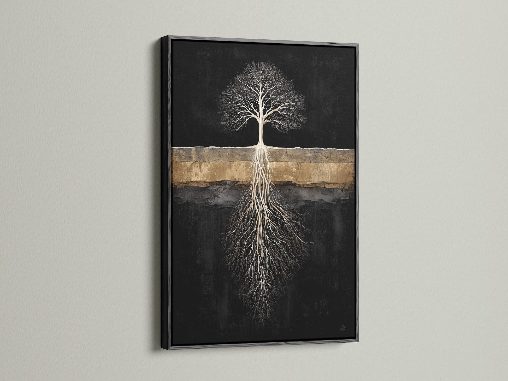 The striking Tree of Life artwork is presented in a black frame. This modern home decor piece adds sophistication to any space. The black frame accentuates the symbolic tree art making it a focal point. A perfect addition to clinics and offices.