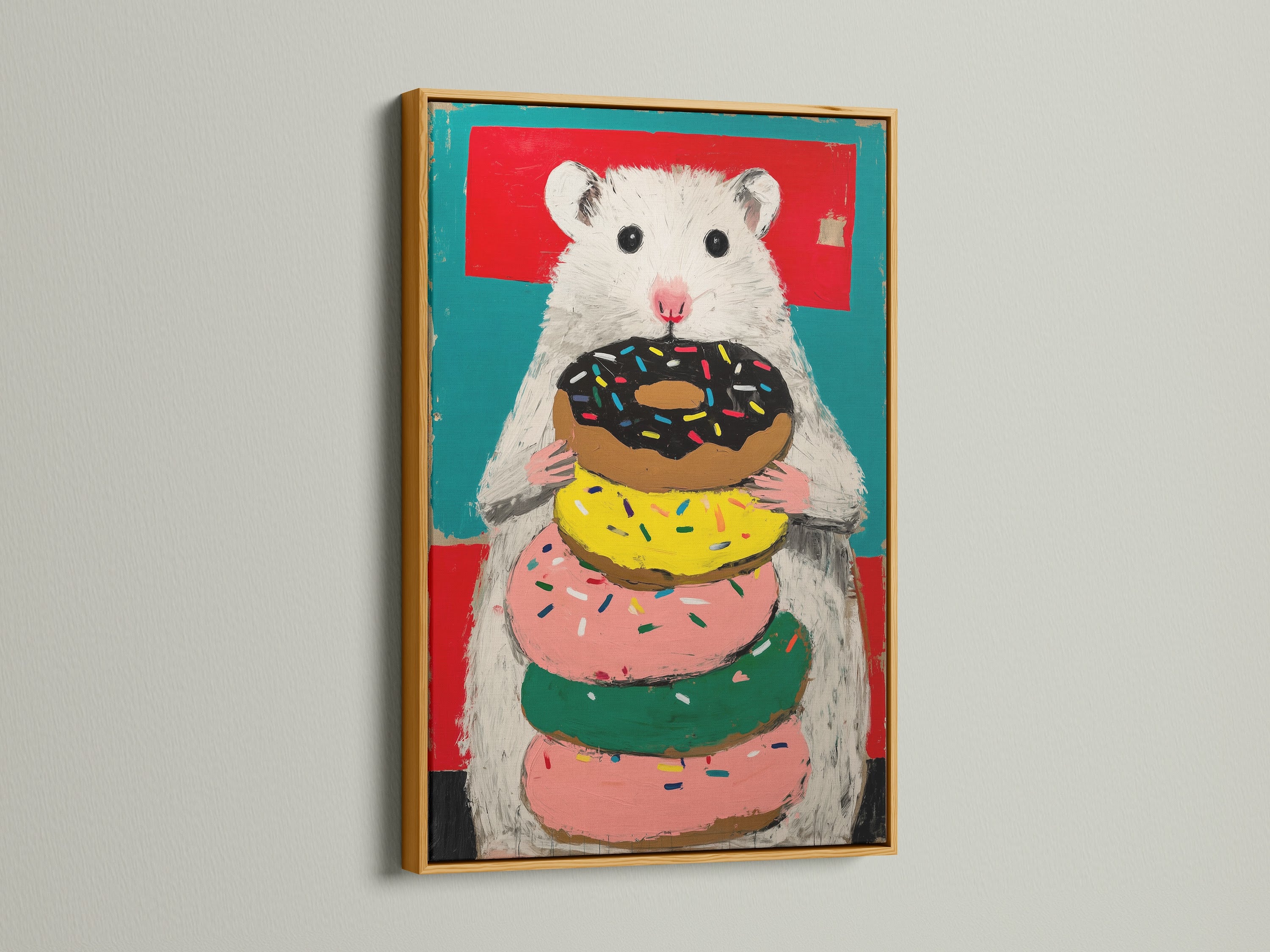 Hamster with Donuts artwork in a gold frame. This funny food art will make you smile. It is perfect for nursery wall decor. This is a contemporary style art print.