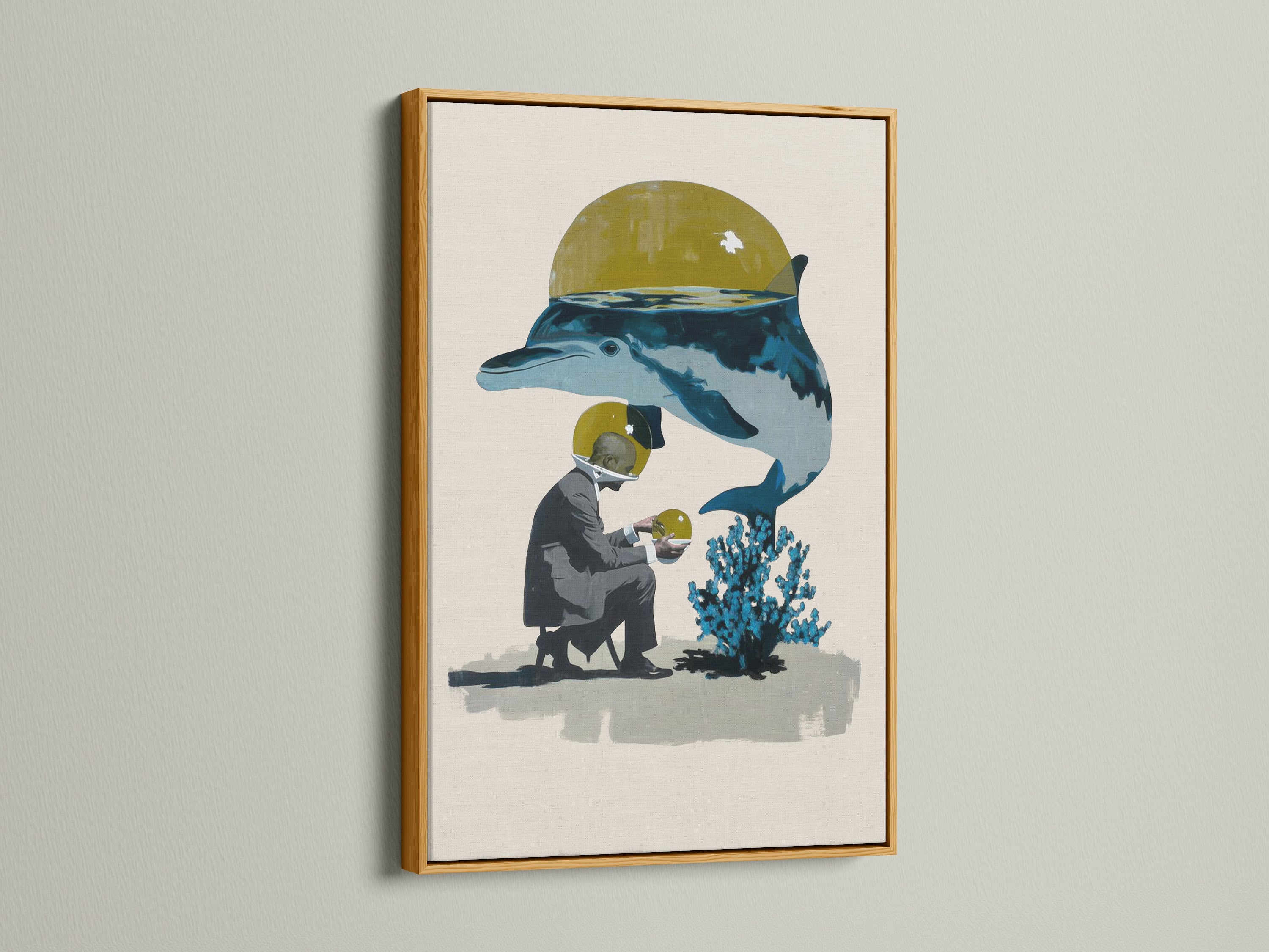 Surreal Ocean Artwork with a gold frame. The artwork features a diver and a whale. This contemporary marine life art has a touch of elegance. The gold frame adds sophistication to this artwork. It is great for nautical themes.