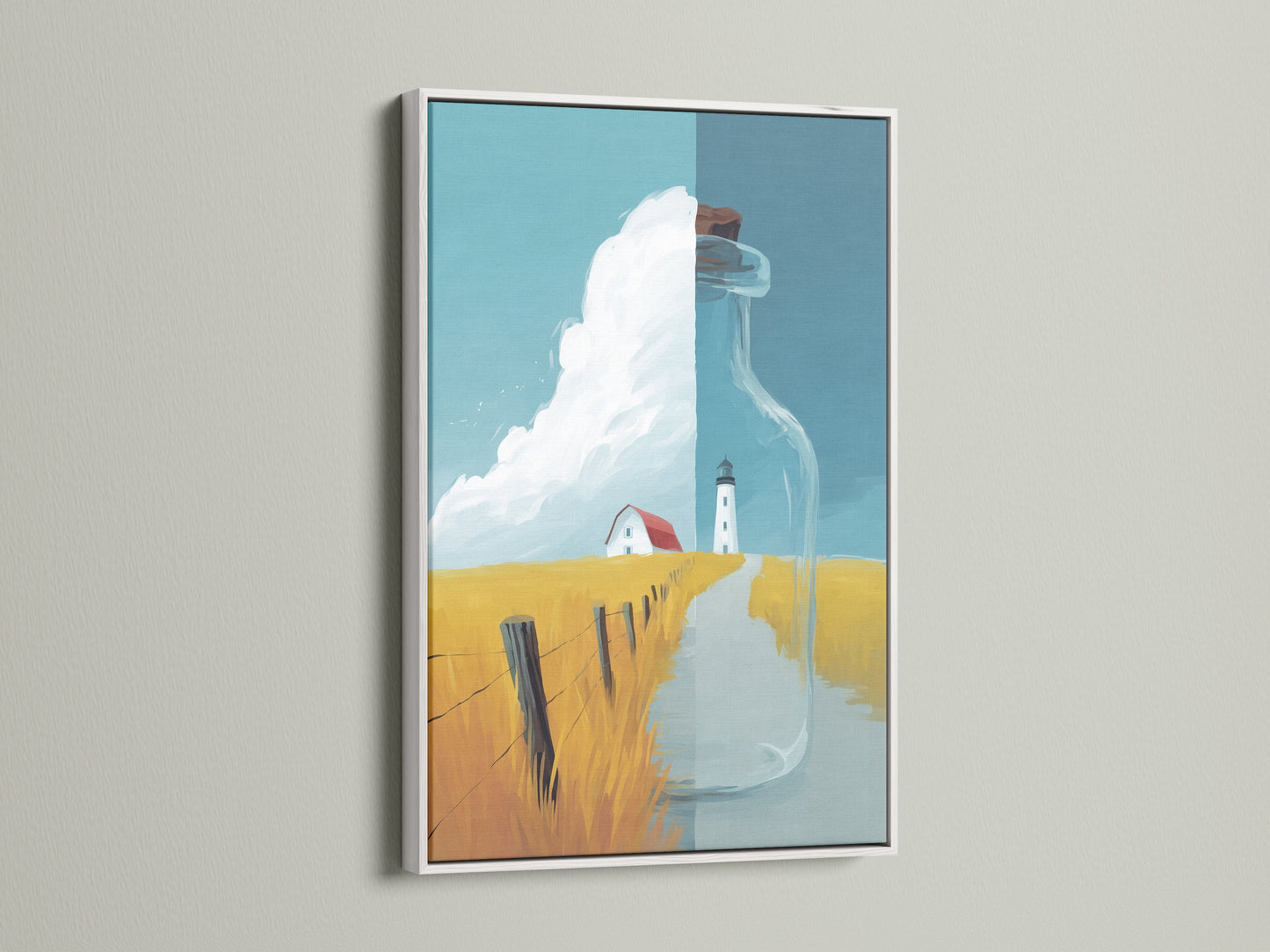 Coastal Lighthouse Canvas Artwork with a white frame. This nautical landscape print features a serene ocean view. This artwork enhances any space with its calming presence. A perfect addition to your beachy wall art collection.