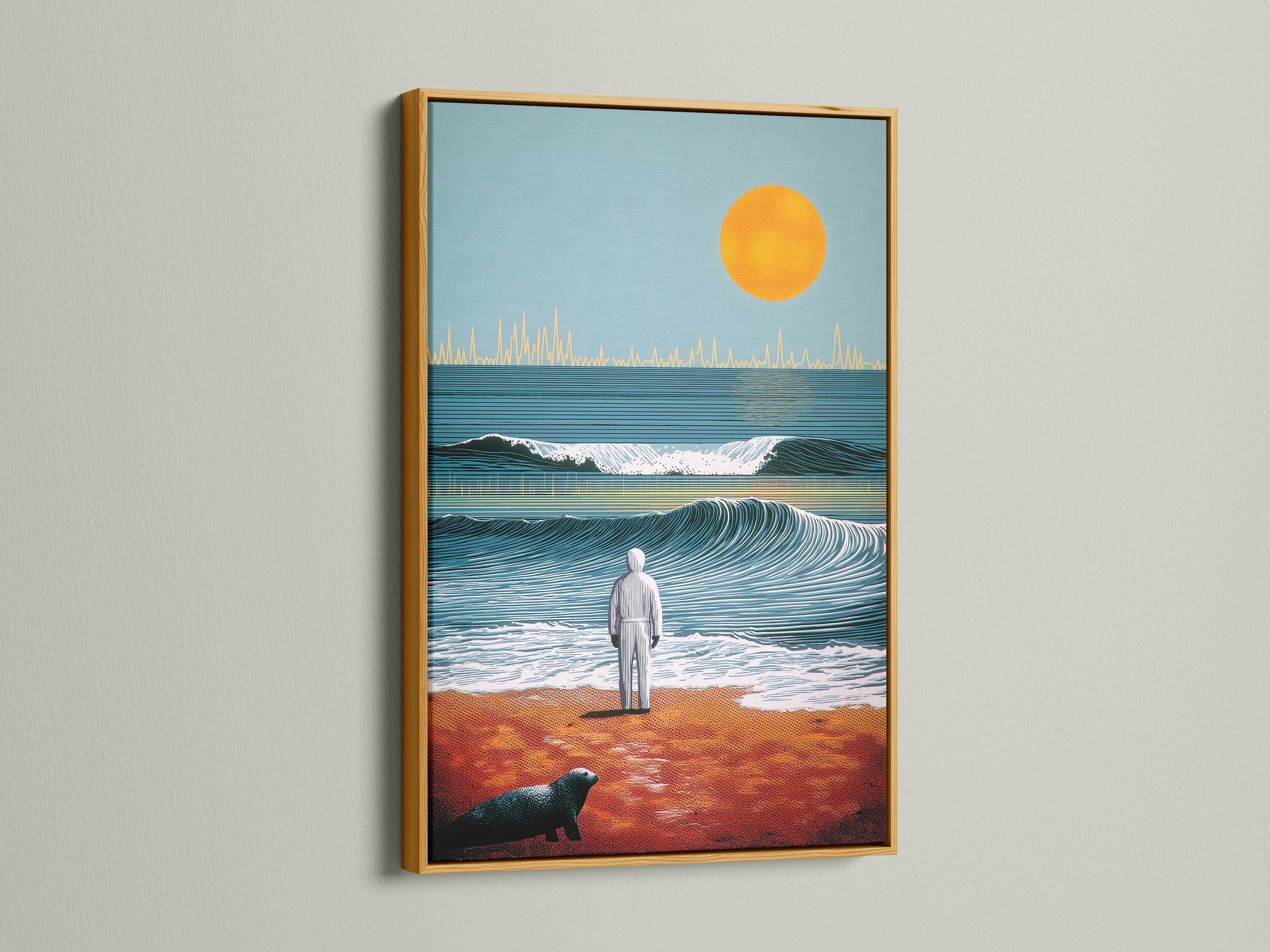 An ocean sunset artwork with a gold frame. The frame enhances the surreal wave illustration. This beach canvas print exudes luxury. Elevate your home with this stunning piece of vintage beach artwork. It is a coastal treasure