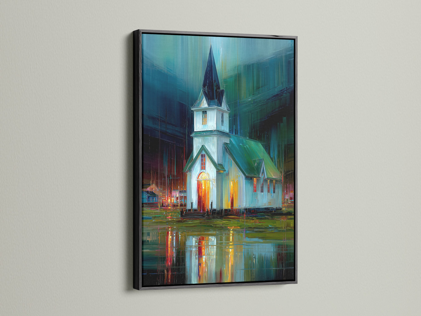 See the Church at Night Canvas Print showcased in a black frame. This religious wall art adds a sophisticated touch to your decor. The black frame makes the vivid colors of the cityscape canvas stand out. Ideal for modern minimalist or eclectic styles. Elevate your space with this architectural art print.