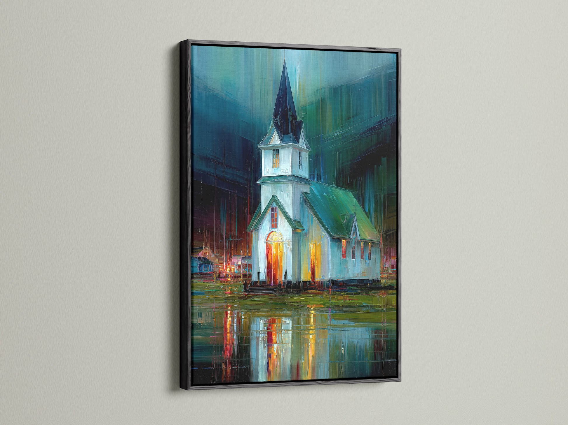See the Church at Night Canvas Print showcased in a black frame. This religious wall art adds a sophisticated touch to your decor. The black frame makes the vivid colors of the cityscape canvas stand out. Ideal for modern minimalist or eclectic styles. Elevate your space with this architectural art print.