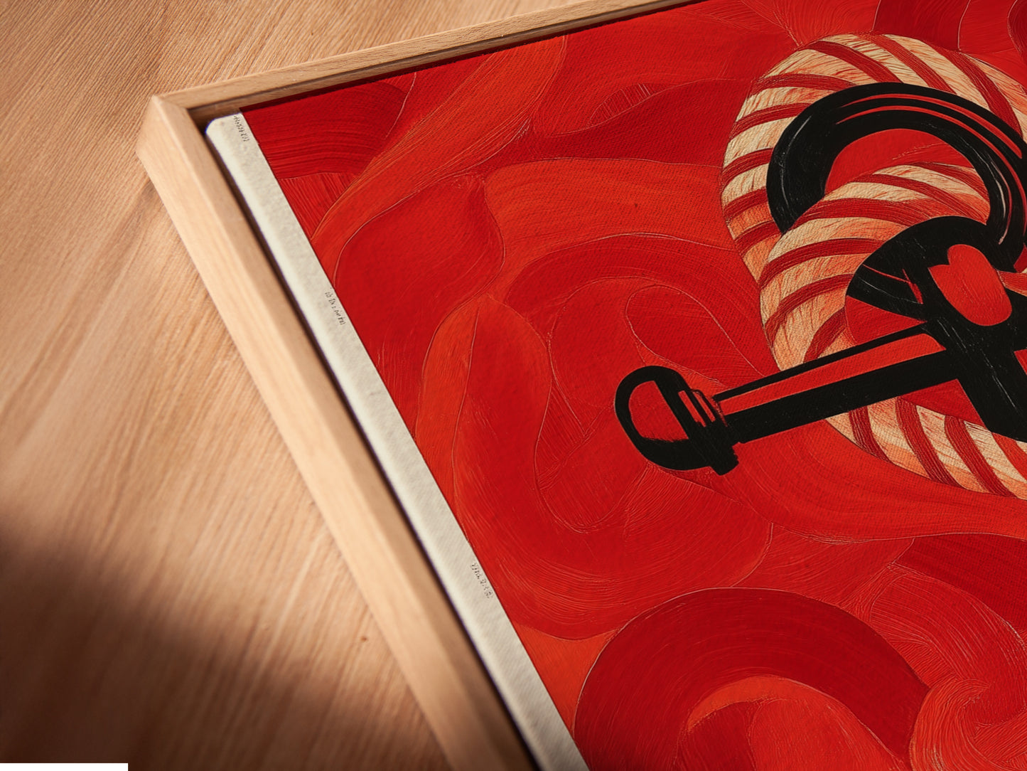 Close-up of a Nautical Anchor Art Print in a Floating Frame. The red ocean canvas stands out. It is perfect for maritime decor. This sailor gift offers a modern touch. The vintage anchor artwork is beautifully displayed. Enhance your beach house art with this piece.