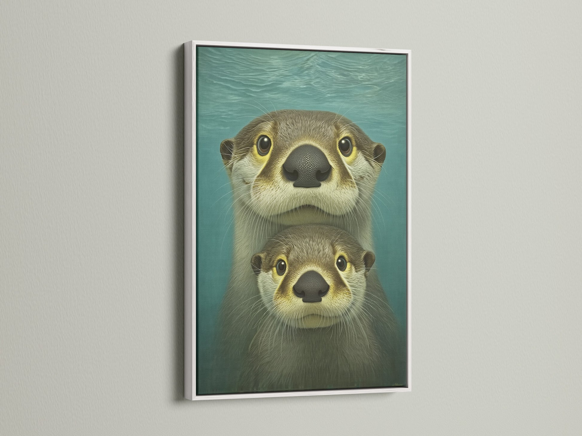 This adorable otter family artwork is framed in white. Ideal for nursery art this animal canvas brings a coastal touch with its teal blue hues. Perfect for kids wall art and adding a whimsical feel to any room.