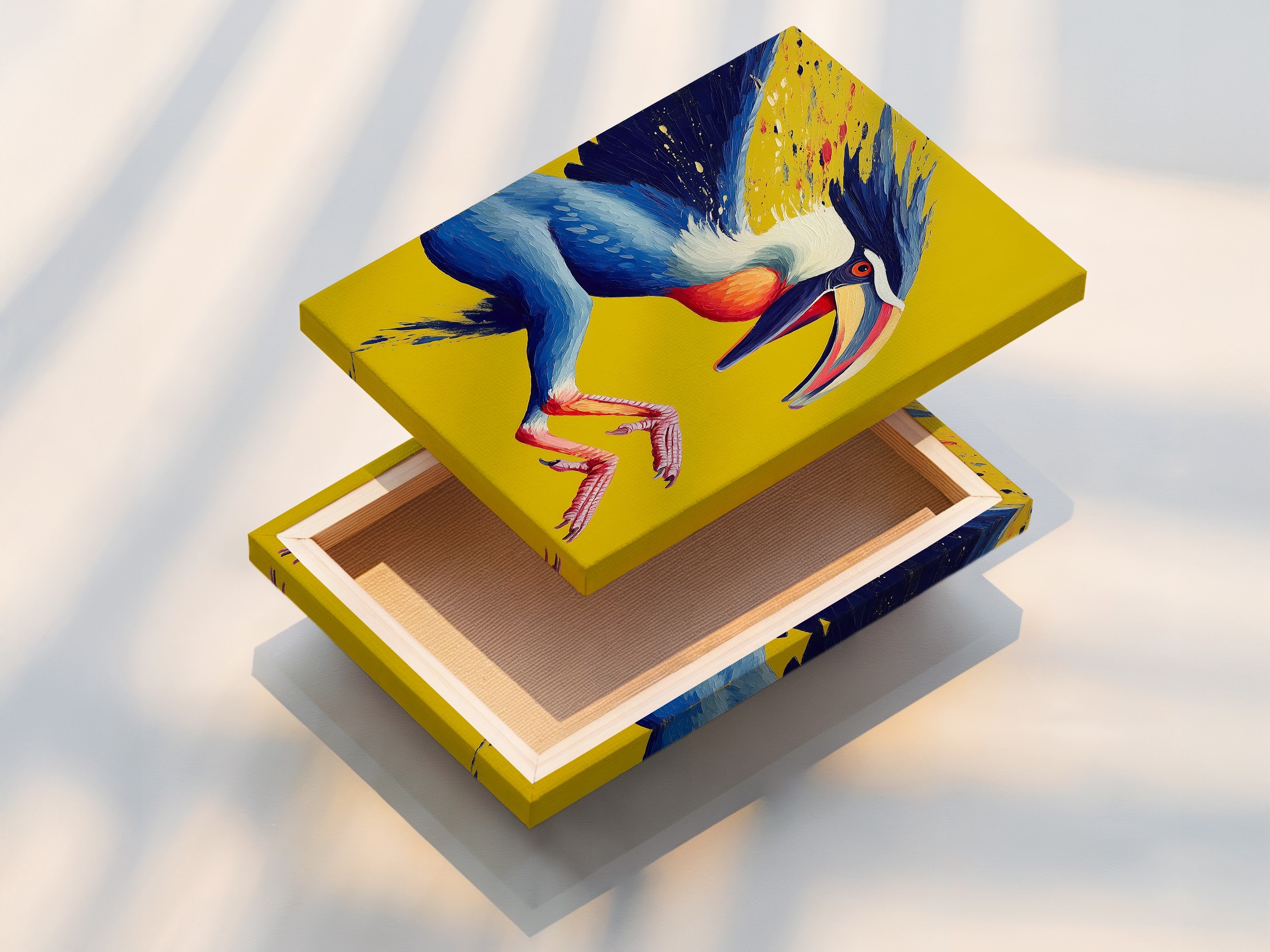 The stretched canvas print of the Hornbill artwork is ready to hang. This colorful wildlife poster adds a modern touch. It is ideal for living room wall art. The stretched canvas ensures a gallery-quality look for your bird print.