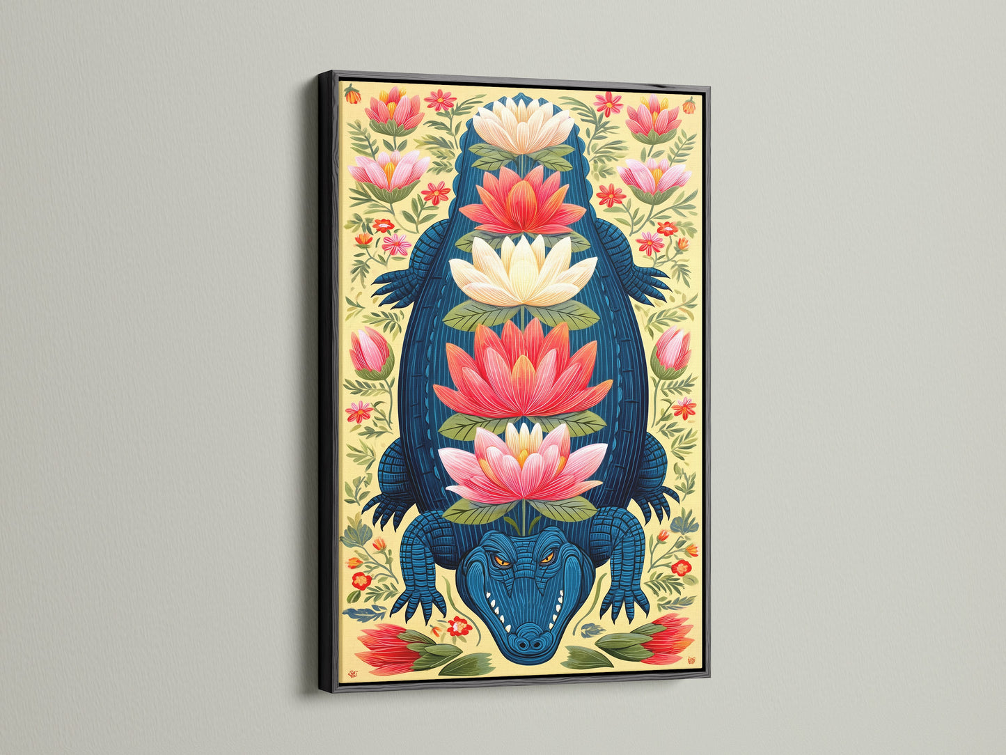 An Alligator Canvas Print is elegantly showcased in a black frame. The botanical wall art features vibrant teal and coral tones. It creates a bold statement in any room. This gator canvas is ideal for modern and eclectic decor styles adding a unique touch.