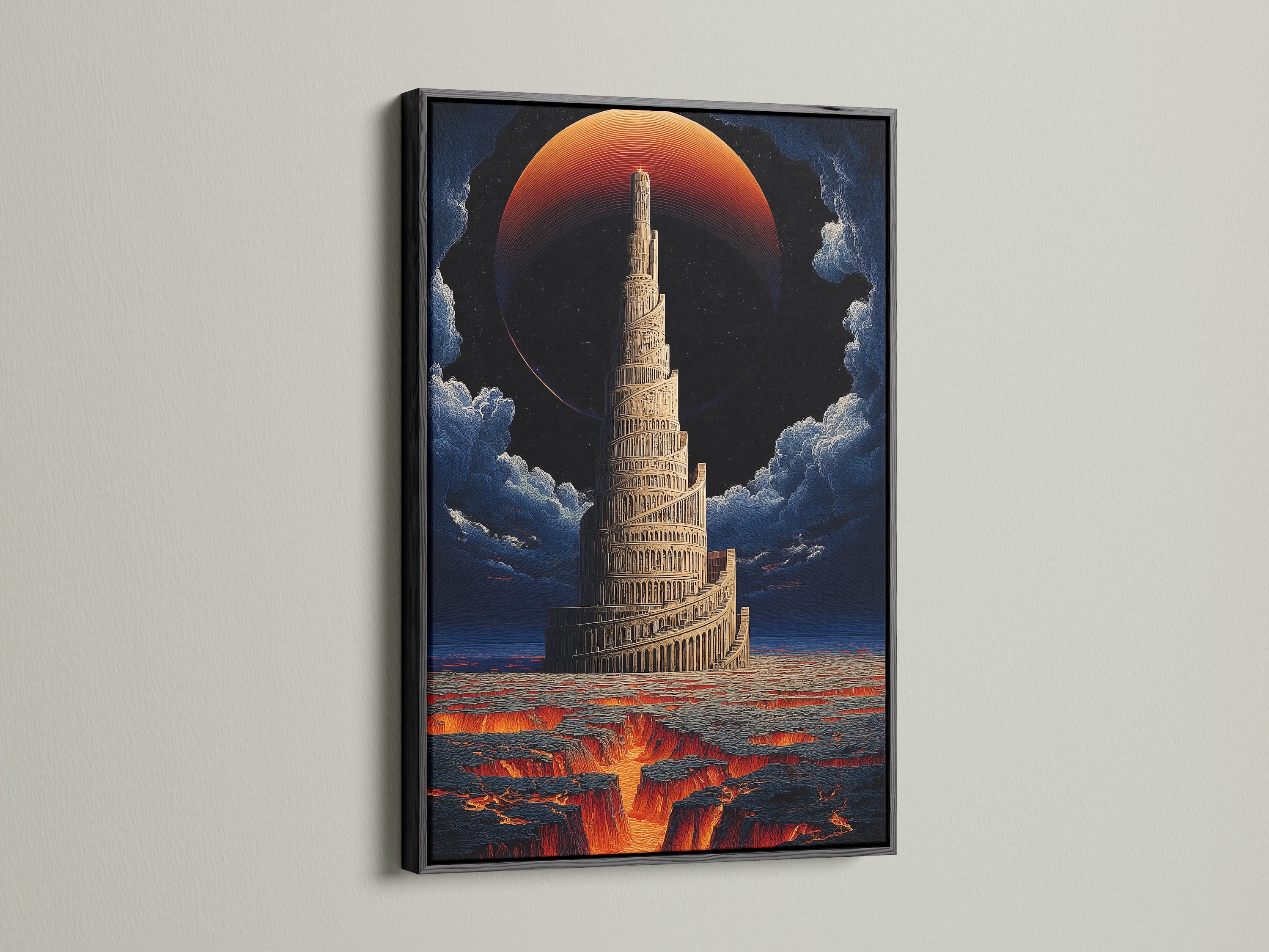 This Tower of Babel artwork is framed in black. The surreal fantasy wall art adds a bold statement to your decor. Ideal for office wall decor this piece features a dramatic sky. The black frame accentuates its gothic style.