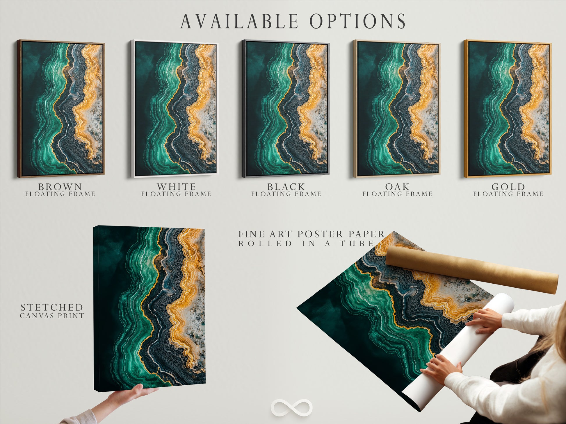 Available options for the abstract ocean artwork. Choose from a stretched canvas print a fine art poster paper or a floating frame. Customize your artwork to match your style. Explore the possibilities for your emerald green art.