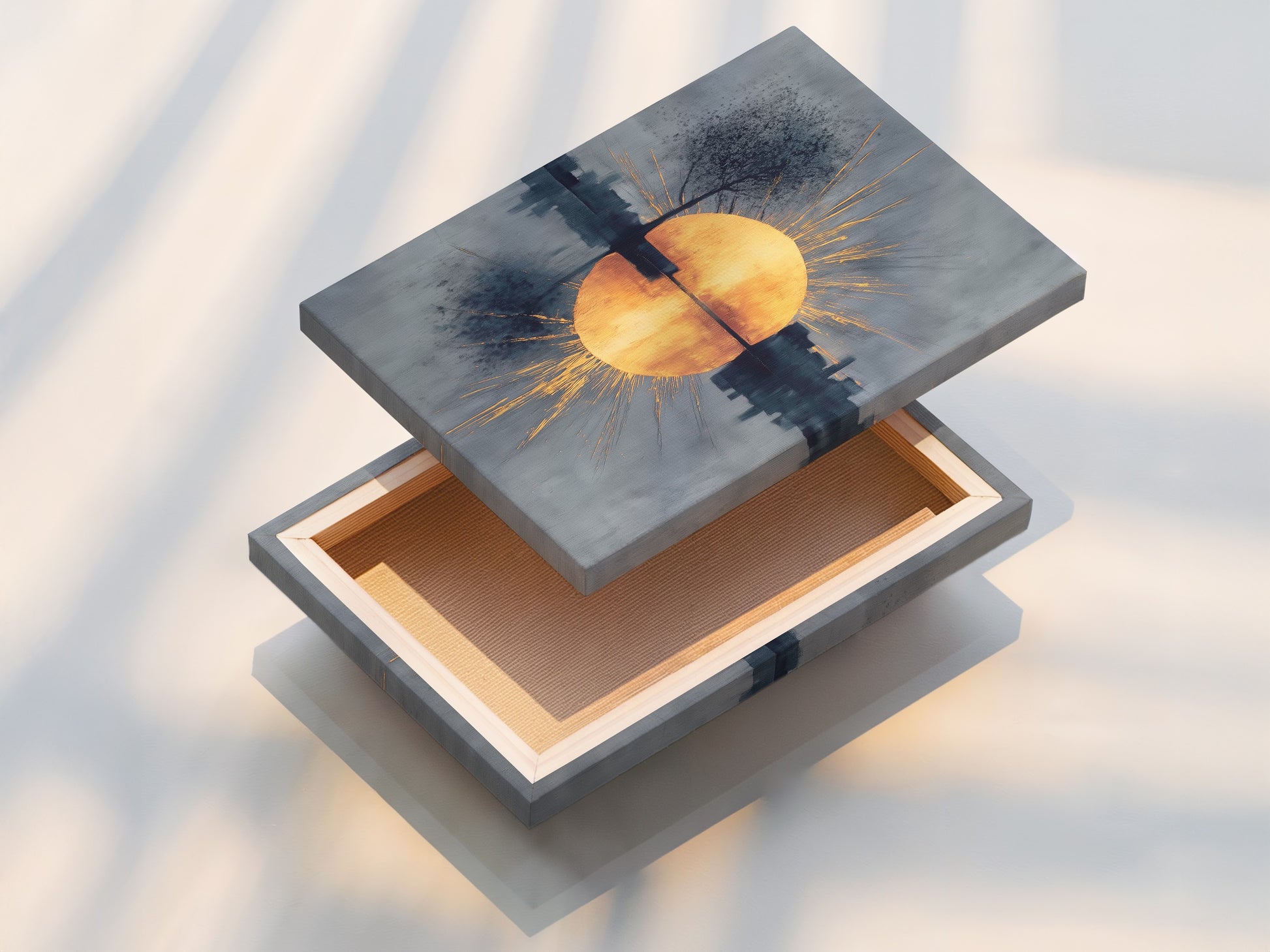 This is a stretched canvas print of the sunrise reflection artwork. The abstract cityscape and golden sun create a stunning visual impact. This modern wall art is ready to hang and enjoy. It adds a touch of serenity to any space.