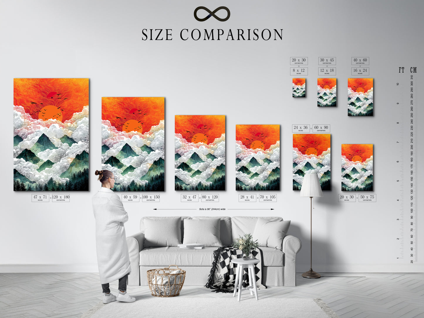 A size comparison chart displayed in a modern interior setting featuring the Sunrise Mountain artwork. The abstract landscape art enhances any space. The bohemian decor style complements any room. The mountain art captures a serene sunrise print. The forest wall art brings nature indoors. Choose the perfect size orange art print.