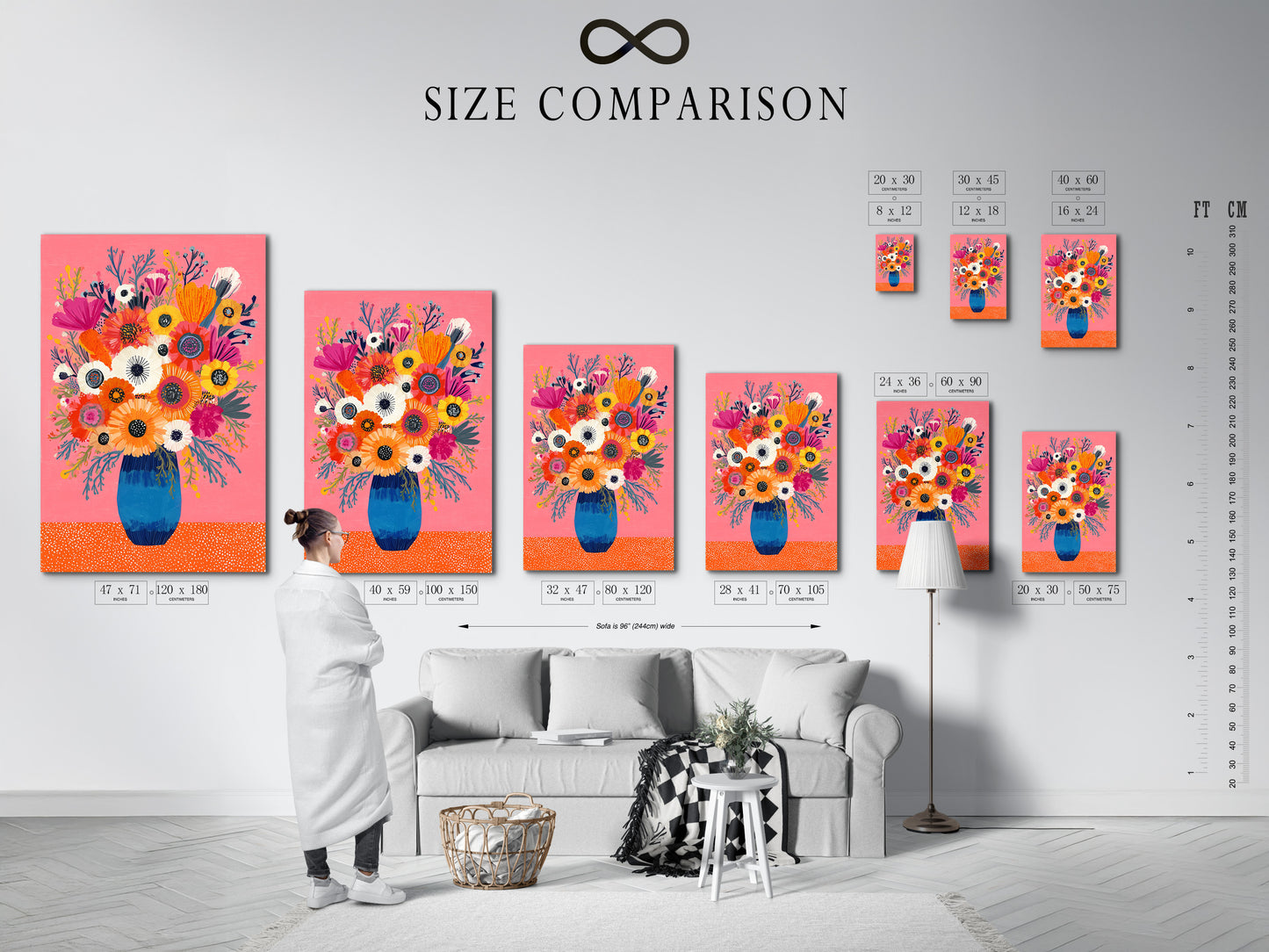 Size comparison chart displayed in a stylish interior. The chart helps you visualize the artwork dimensions. See how different sizes fit in your space. This artwork will help you make the perfect choice for your home. Visualize the perfect size.