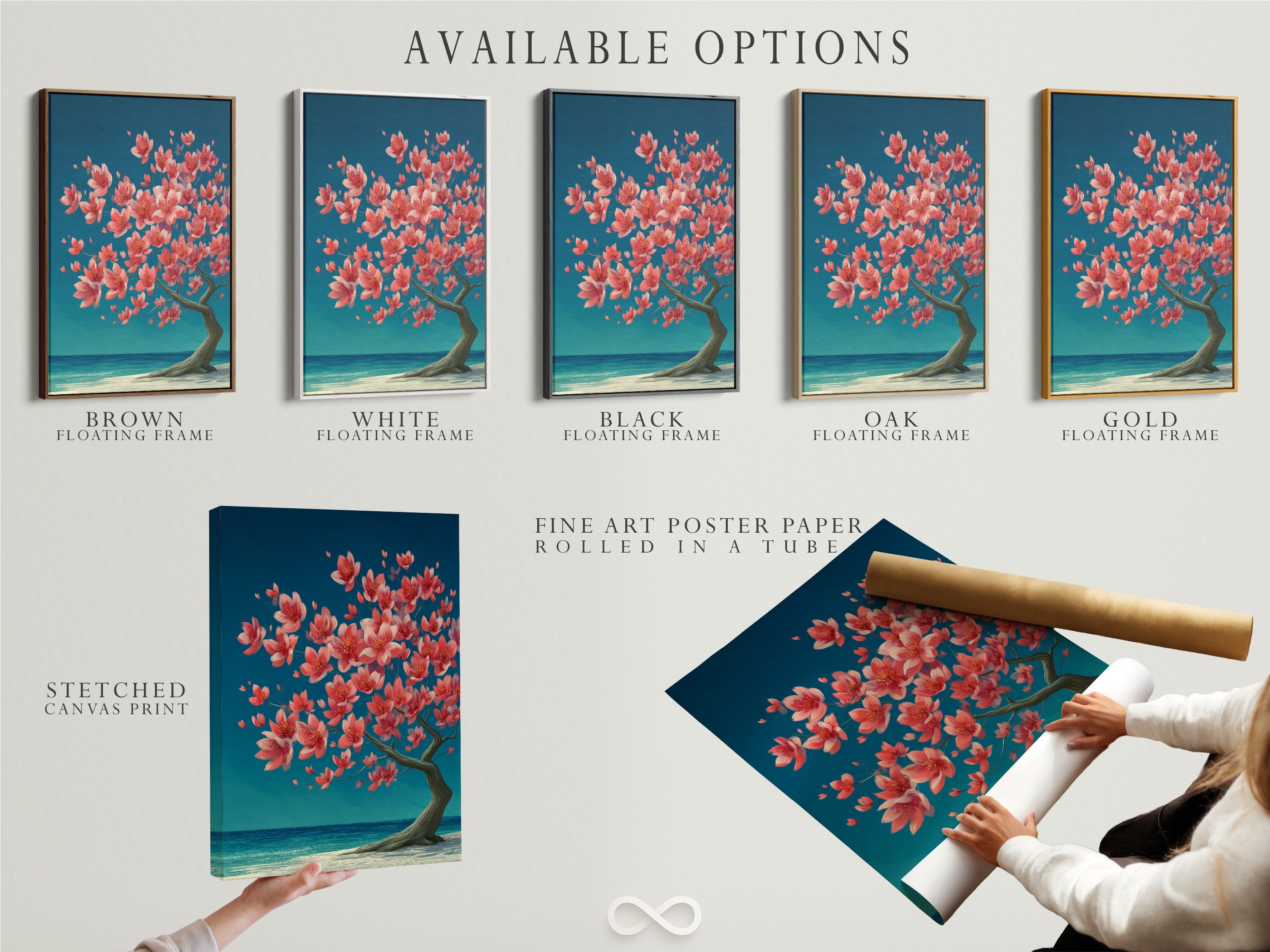 Explore available options for your cherry blossom tree artwork. Choose from a stretched canvas print fine art poster paper or floating frame. Each option enhances the artwork’s coral pink and teal tones. Find your perfect style.