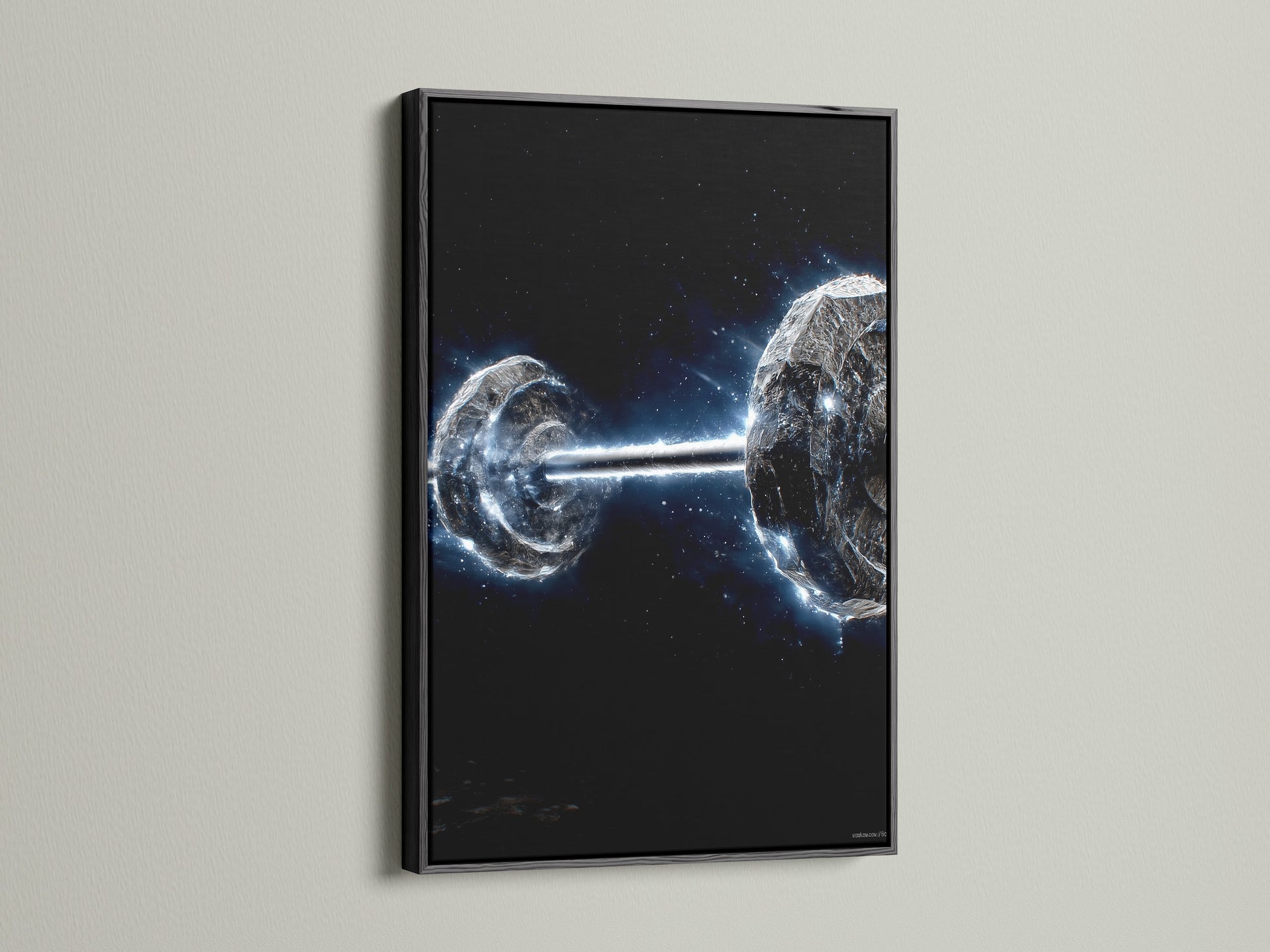This is a black frame Cosmic Collision space art. The canvas print adds a dramatic touch. The galaxy astronomy artwork creates a modern focal point. Suitable for contemporary home office or studio spaces. Transform your wall with cosmic elegance.