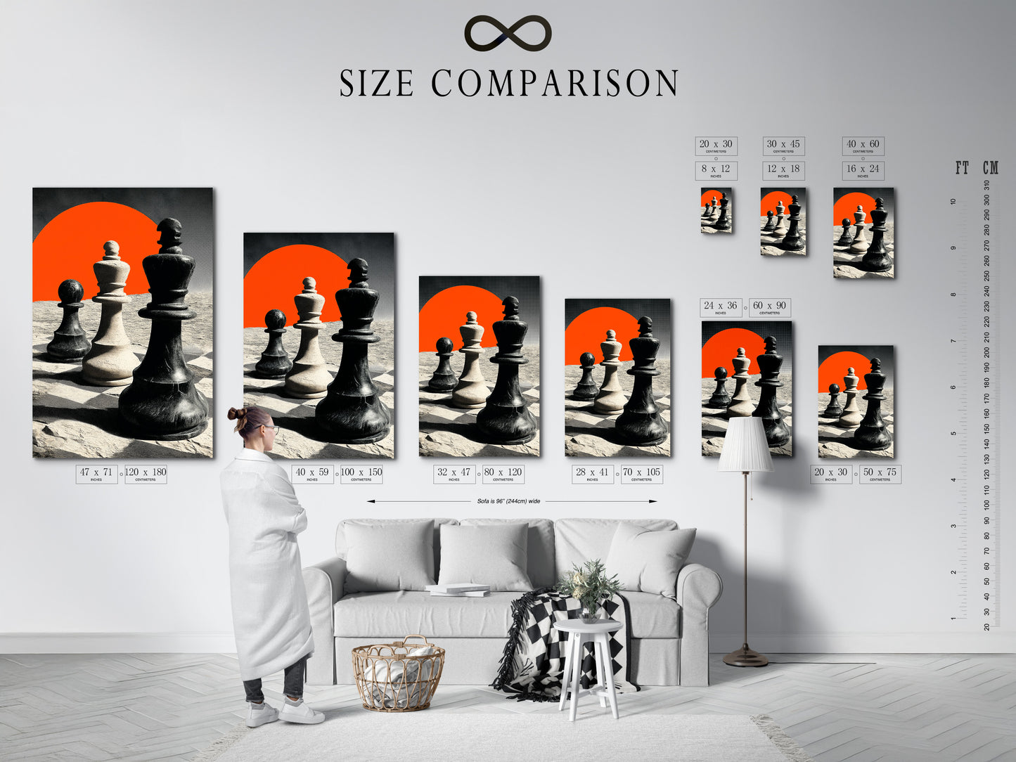 This is a size comparison chart in an interior setting. The chart shows various sizes of artwork. It helps customers visualize how the artwork will look in their space. The interior setting provides a realistic context. This chart is an essential tool for making informed purchasing decisions. It ensures the perfect fit for any room.