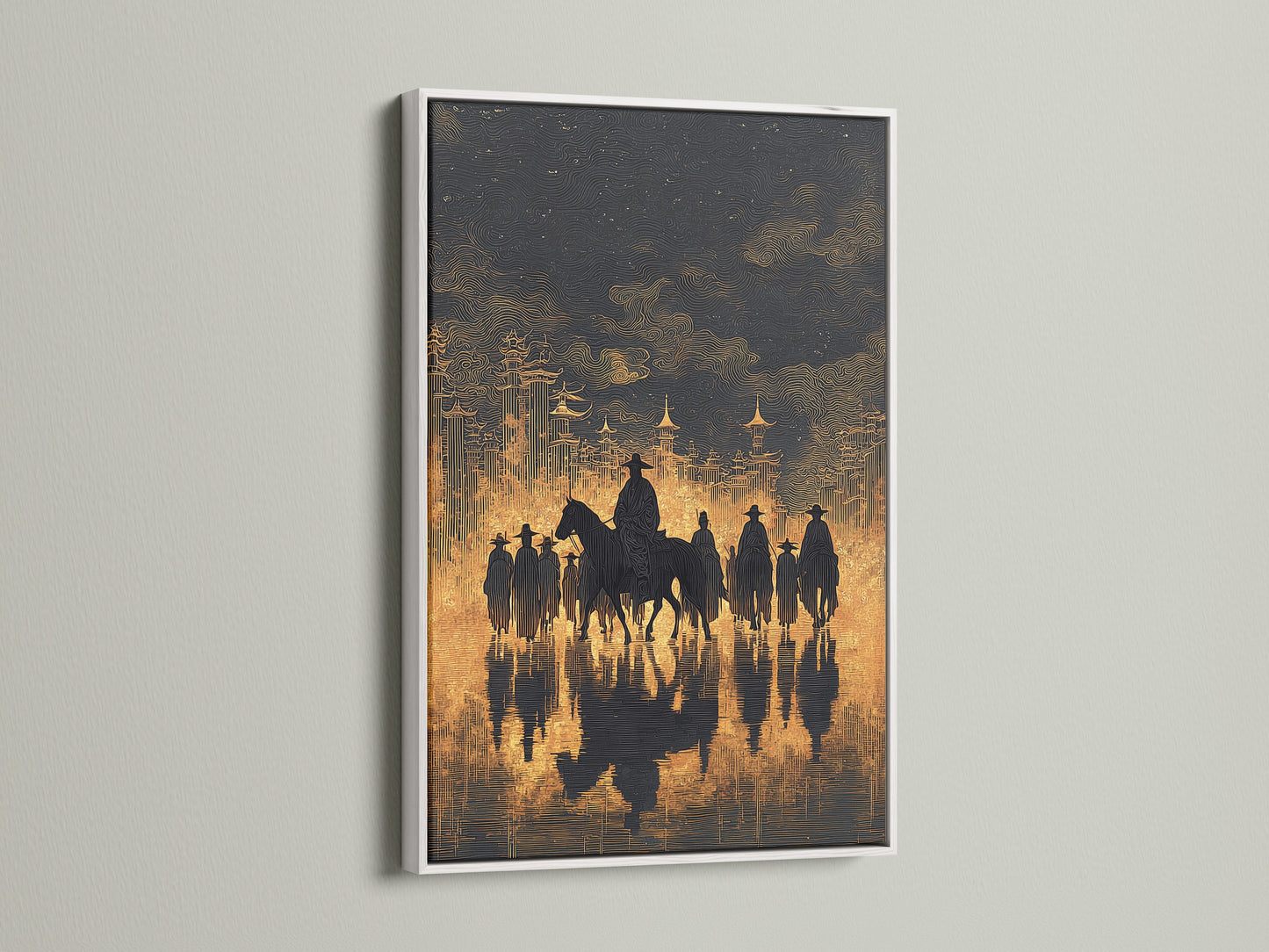 Western Cowboys Canvas Print inside of a white frame. This cowboy artwork will look great in any den. This ranch decor brings americana wall art to life. Elevate your space with western prints.