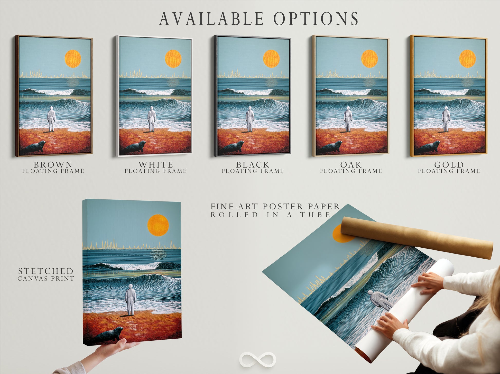 Explore available options for our ocean sunset artwork. Choose from stretched canvas prints fine art poster paper or floating frames. Customize your surreal wave illustration to match your style. Perfect for coastal wall art