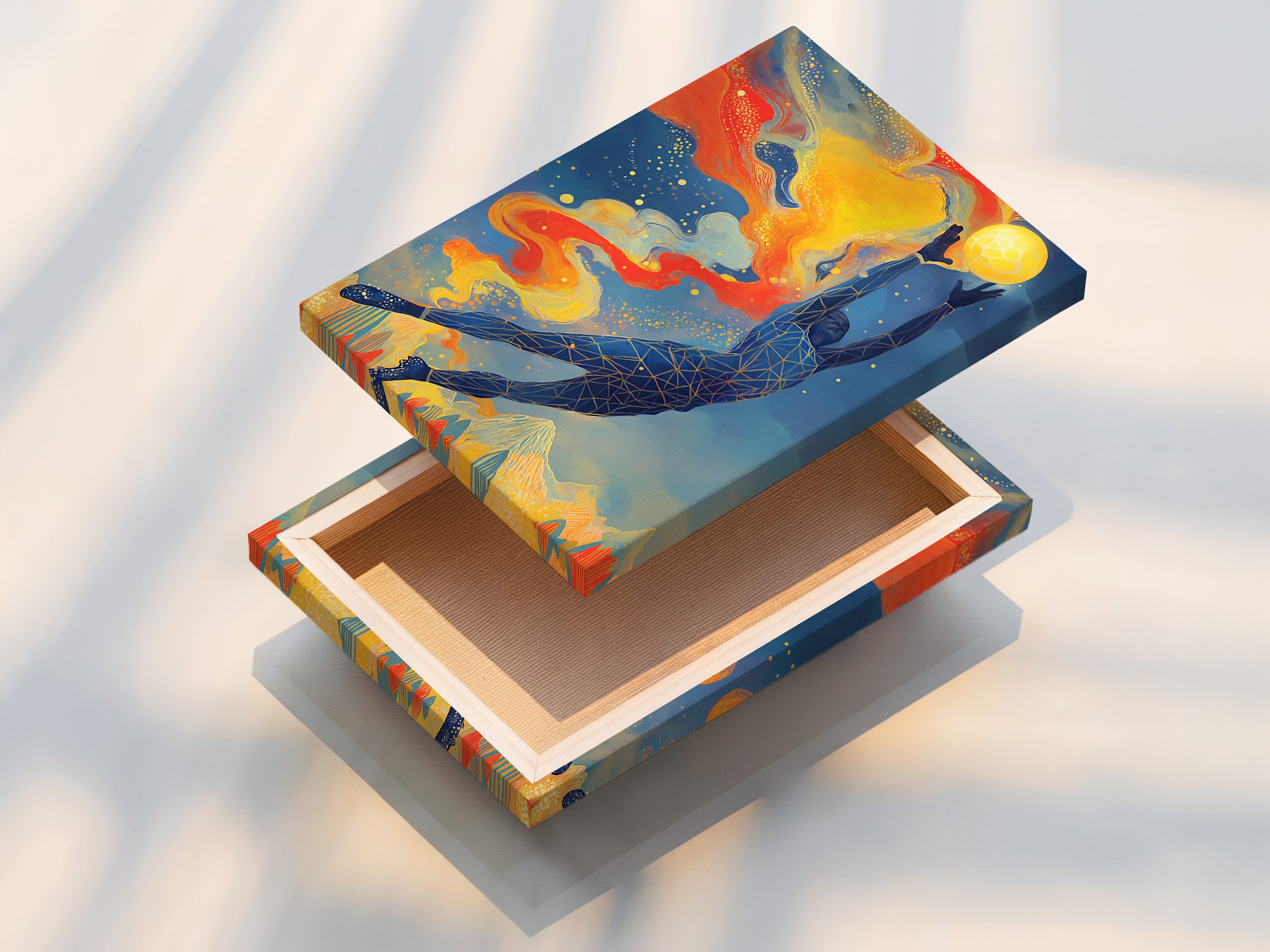 A beautifully stretched canvas print ready to hang. The geometric whale art features vivid colors and sharp details. The stretched canvas provides a gallery-quality look for your marine life artwork. Perfect for living room or bedroom decor.