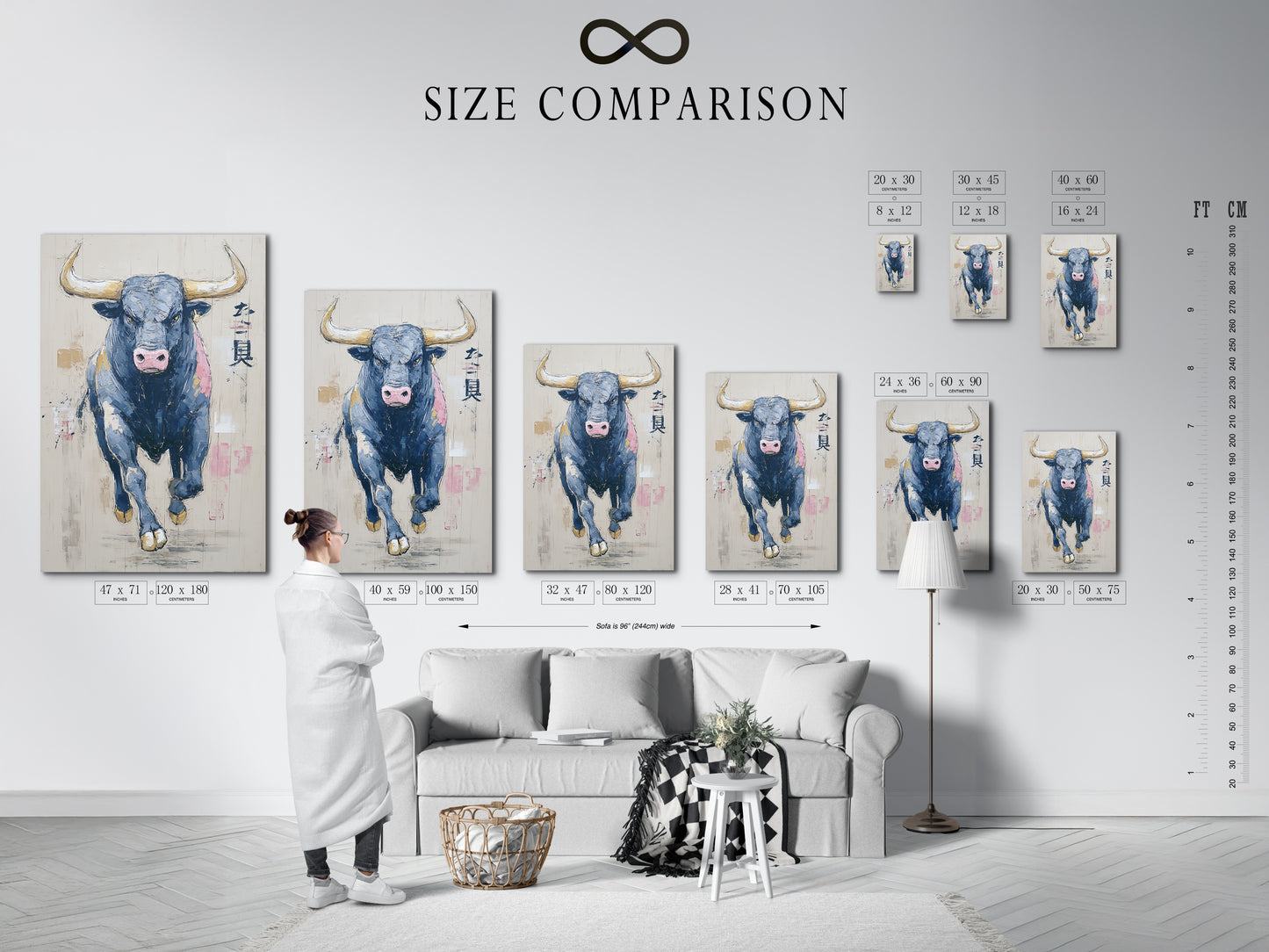 A size comparison chart for bull art in an interior setting. The available options include stretched canvas prints. We also have fine art poster paper and floating frames. The animal canvas is modern artwork.