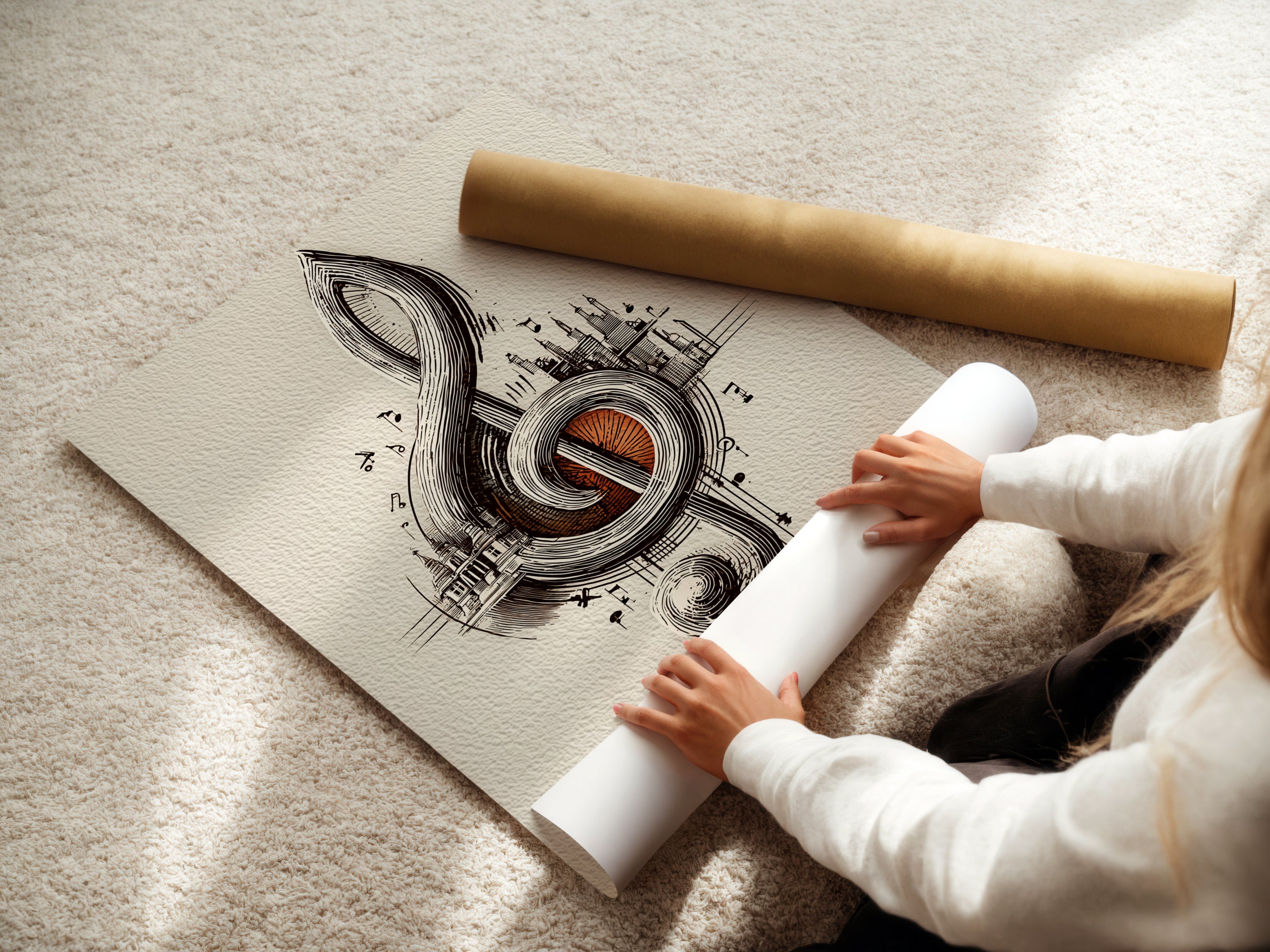 Woman carefully rolling a fine art poster paper of the treble clef artwork. This music city art is ready for framing. A perfect musician gift and a stylish addition to any music room. High-quality print for music themed decor.