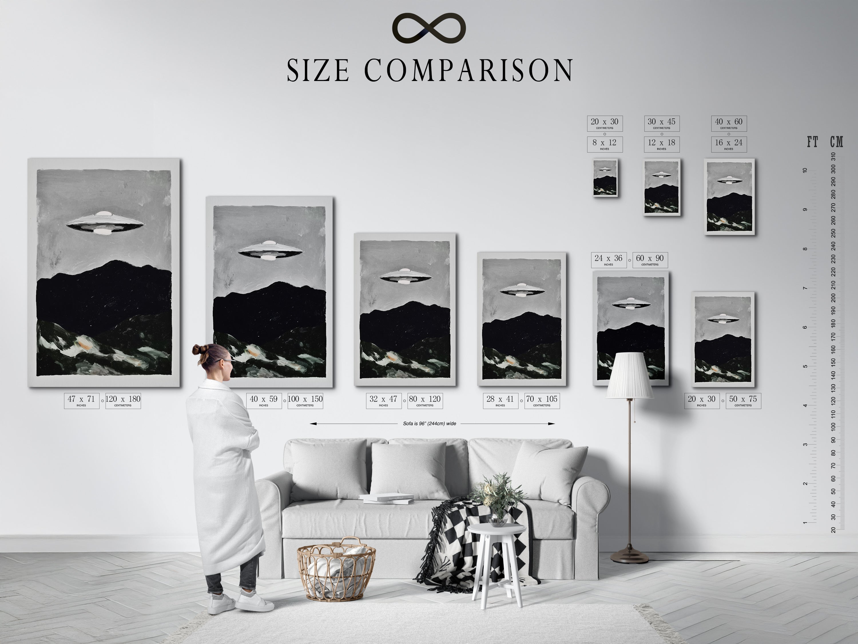 Size comparison chart in an interior setting. This chart shows the available sizes for the UFO Sci-Fi art print. Perfect for planning your space wall decor. Find the perfect size for your office wall art.