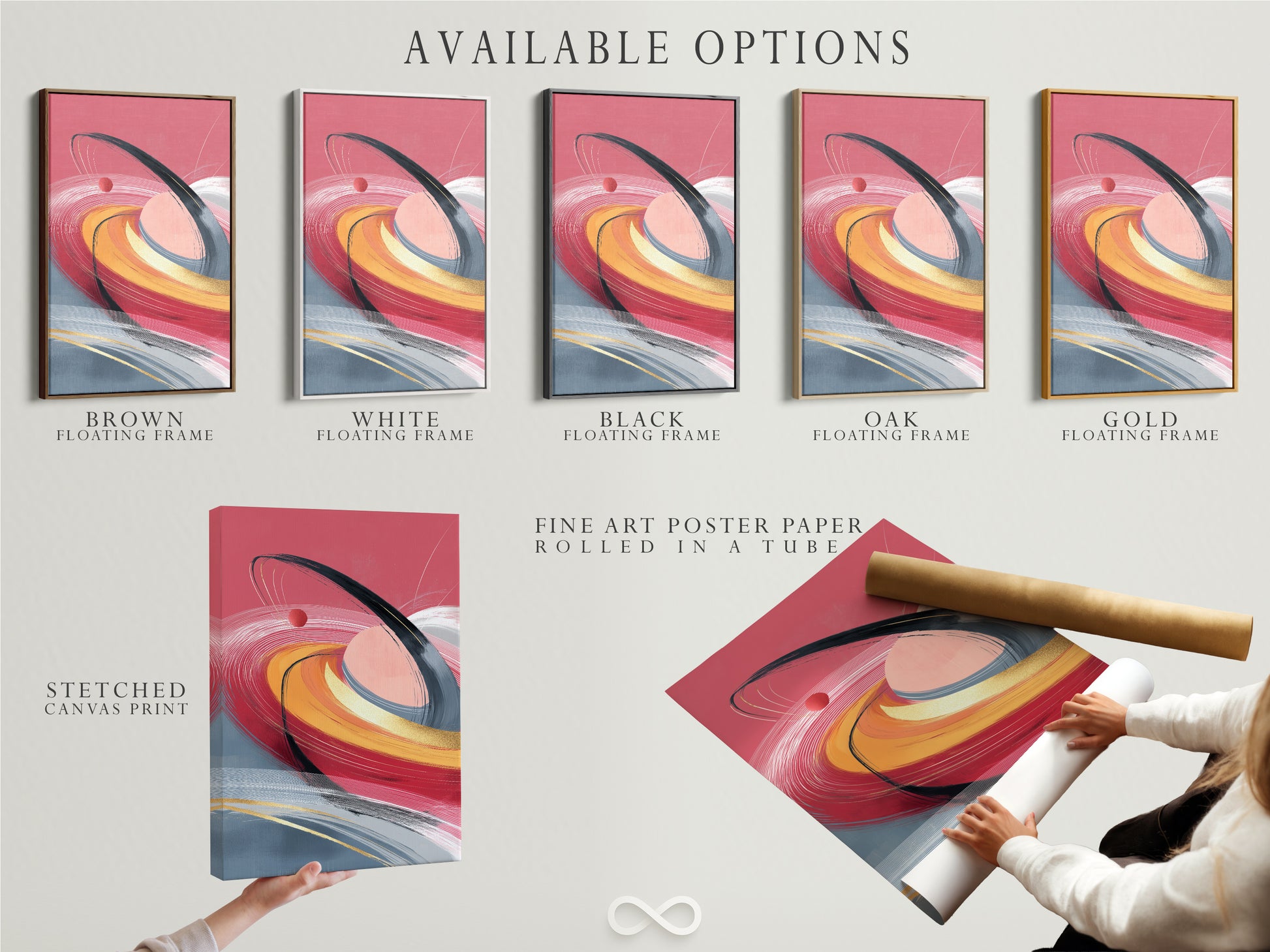 Explore available options for your artwork. Choose between stretched canvas prints fine art poster paper and floating frames. Customize your abstract swirl art with coral pink and gold accents for a unique look.