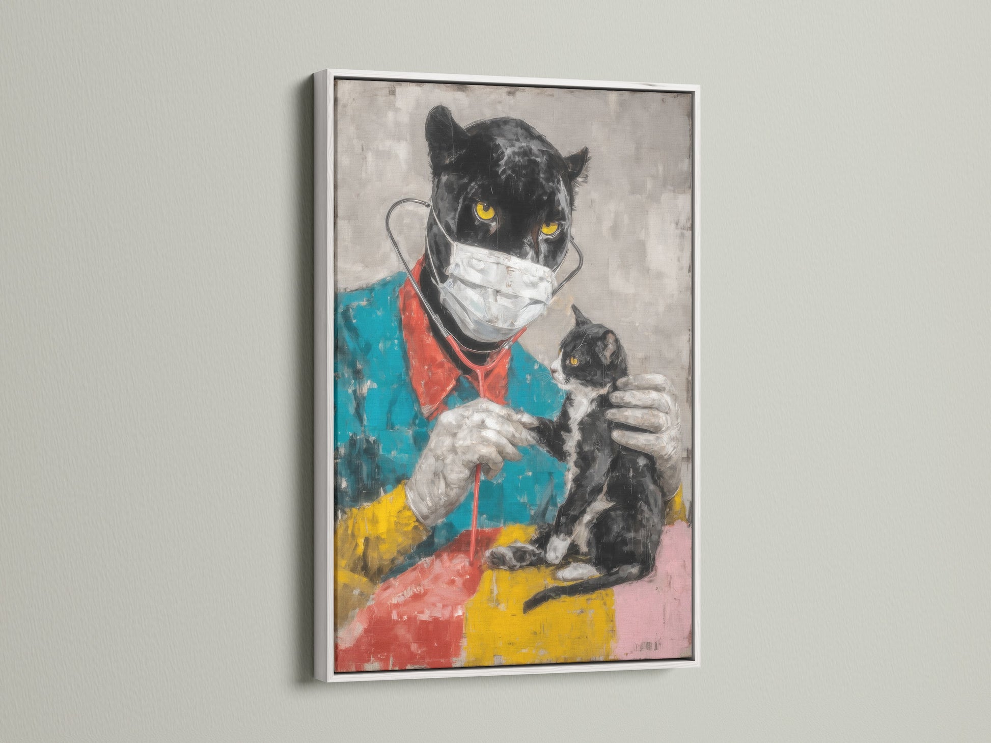 See the Panther Doctor art in a white frame. This medical office art enhances studios lobbies and clinics. It's a quirky animal artwork that fits perfectly in cafes and boardrooms adding a stylish touch.