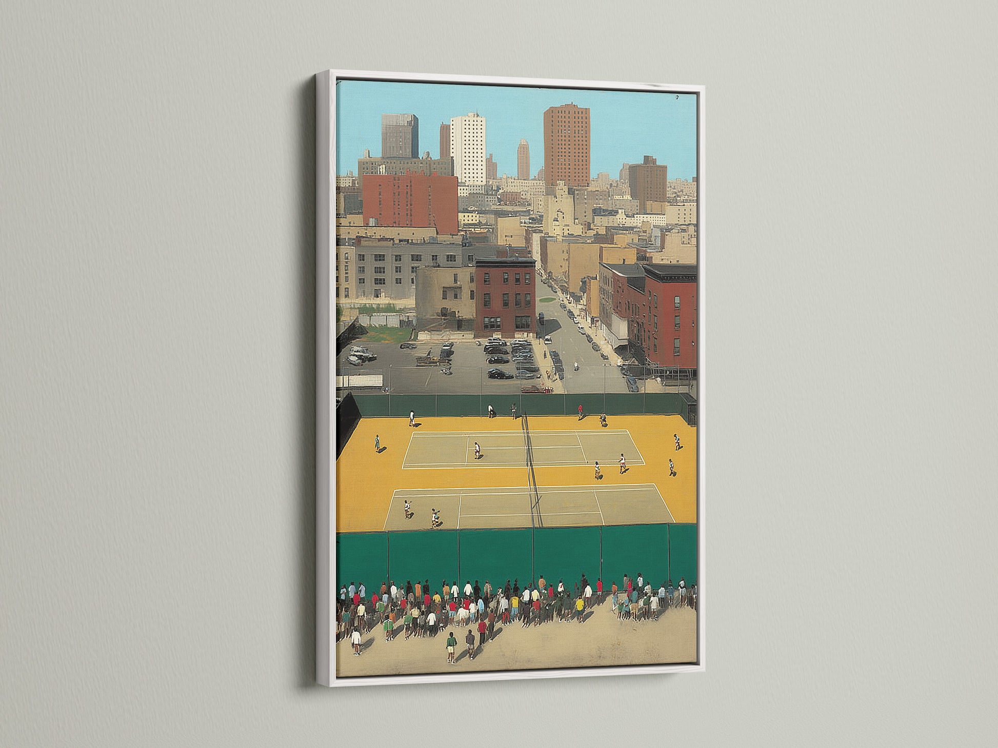 The Urban Tennis Court artwork with a white frame is displayed. This frame accentuates the artwork's vibrant colors. The city sports print complements urban interiors. This retro athletic art is great for office wall art. It fits any style.
