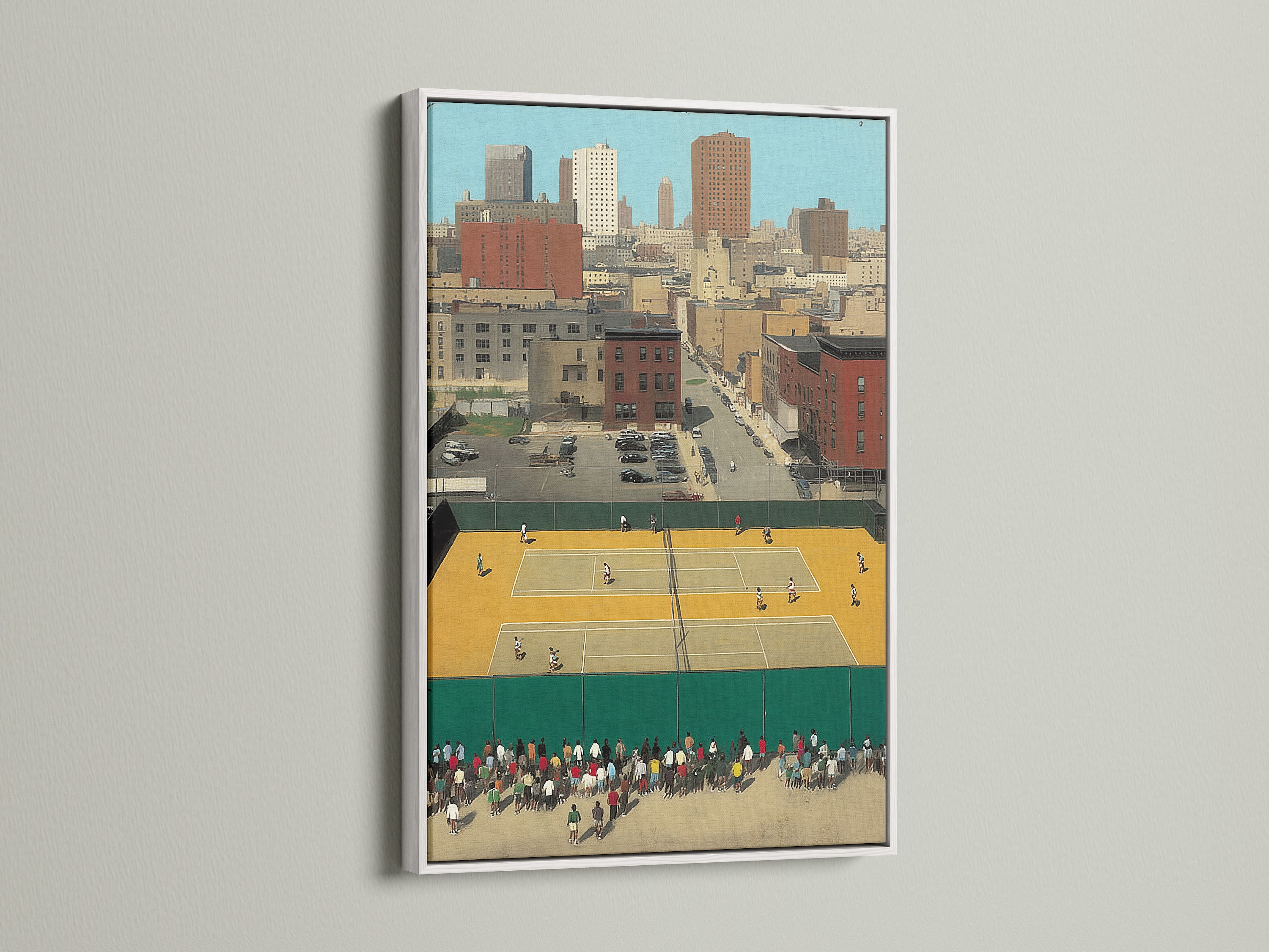 The Urban Tennis Court artwork with a white frame is displayed. This frame accentuates the artwork's vibrant colors. The city sports print complements urban interiors. This retro athletic art is great for office wall art. It fits any style.
