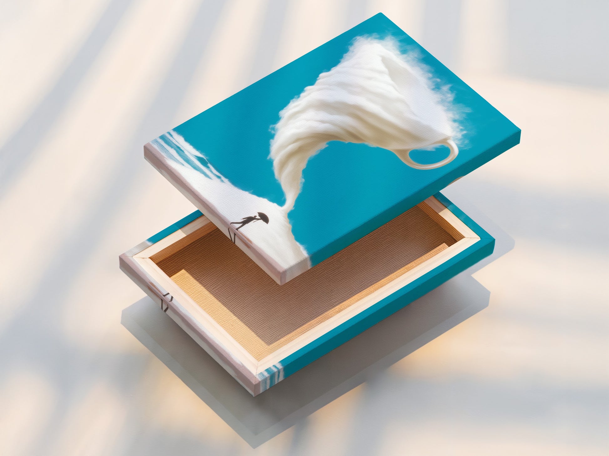 Experience the beauty of a stretched canvas print featuring a surreal coffee cup storm. The turquoise sky and fantasy beach art create a modern coastal aesthetic. This imaginative artwork enhances any living space. Perfect for adding a unique touch to your home decor.