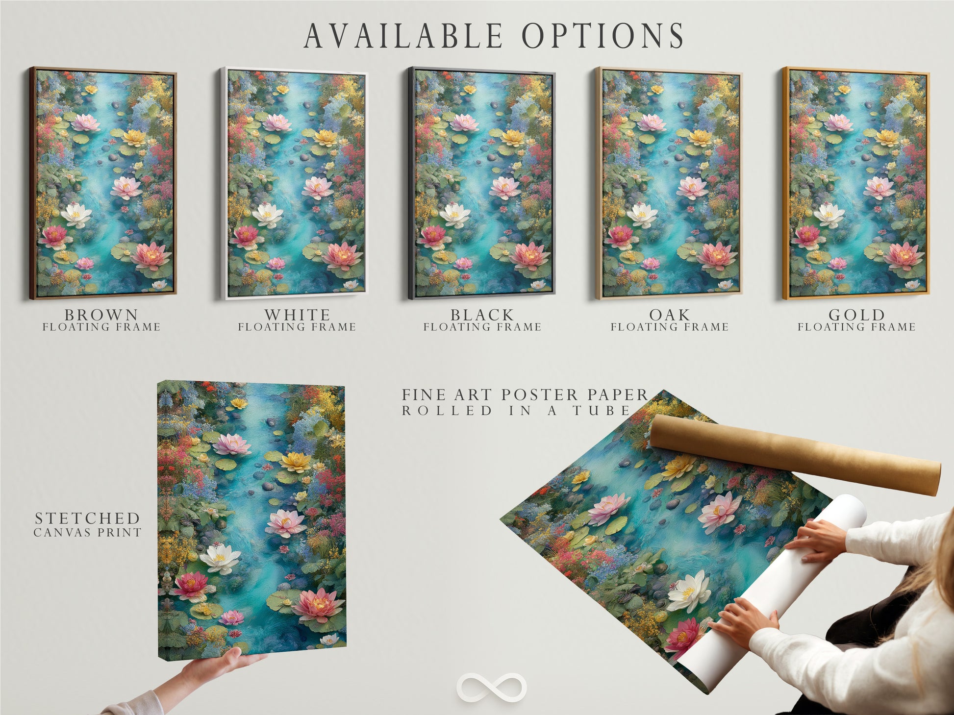 Explore available options including stretched canvas print fine art poster paper and floating frame. Find the perfect format for your Water Lily artwork. Customize your botanical wall decor to suit your style.
