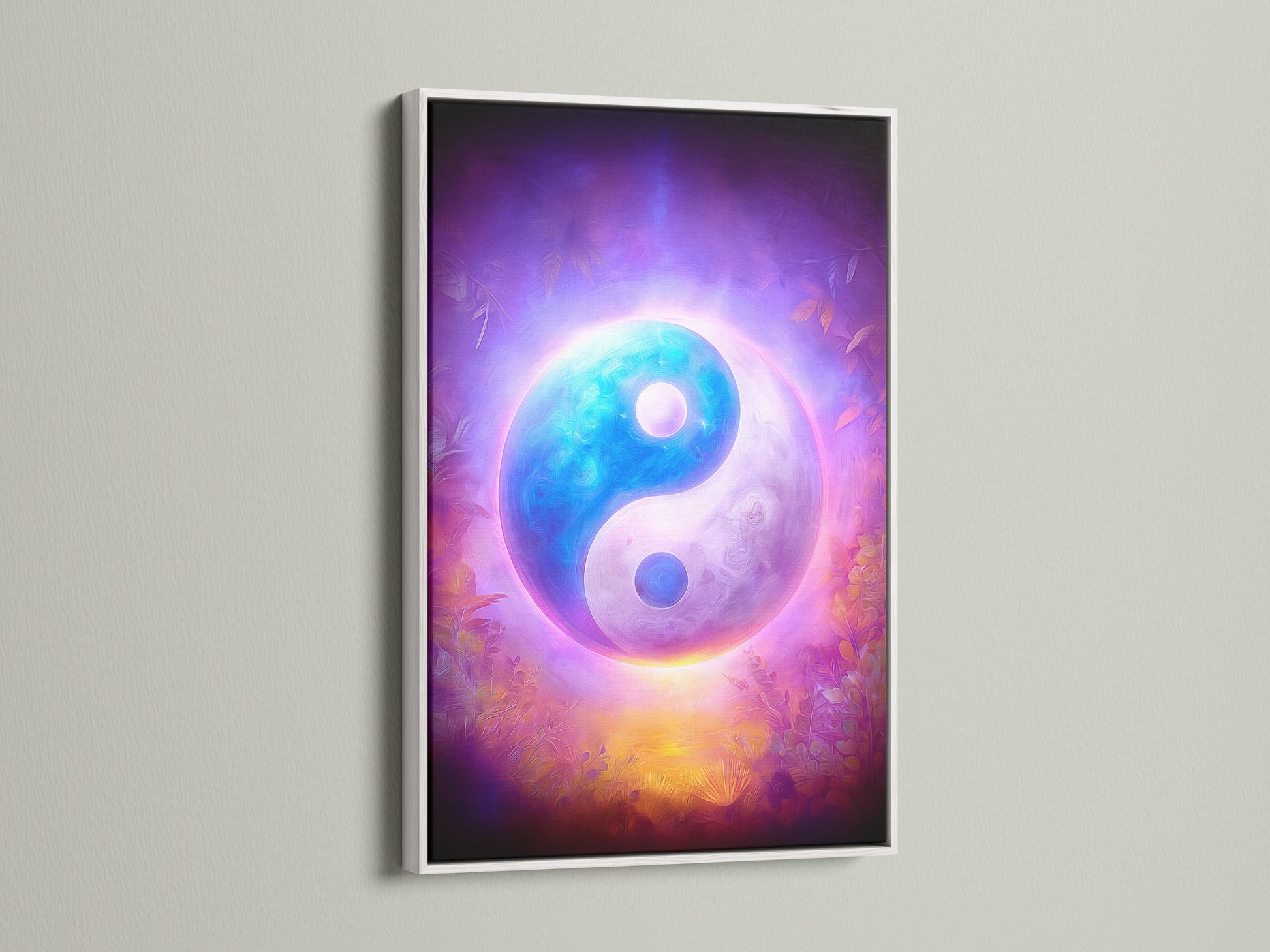 Yin Yang artwork is displayed within a white frame. The cosmic purple and blue tones enhance this spiritual piece. This zen decor promotes balance and mindfulness. Ideal for a serene bedroom or meditation space. Elevate your wall art with this option.