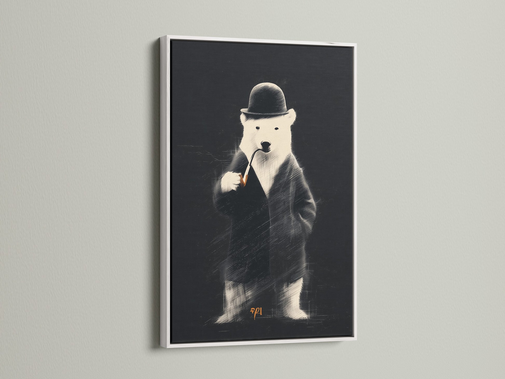 The image features a white frame. The artwork inside is a bear in a suit. A white frame offers a clean modern look. It's an excellent option for various art styles and decor.