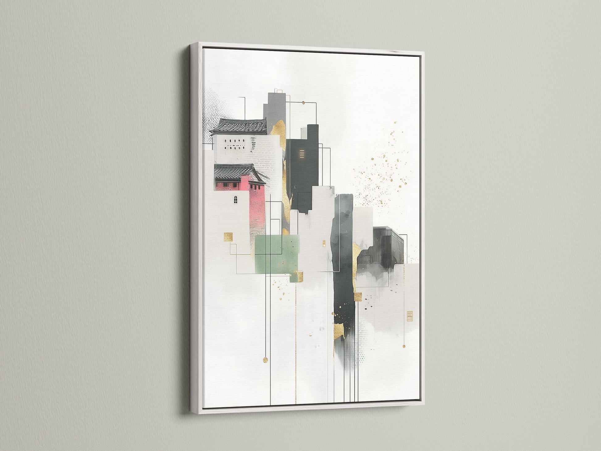 A white frame highlights an abstract cityscape artwork. The geometric wall art brings modern elegance to any space. This minimalist art piece features building artwork with neutral tones. Gold accents add a touch of sophistication. Perfect for contemporary art lovers and scandi decor enthusiasts. Enhance your home or office with this unique print.