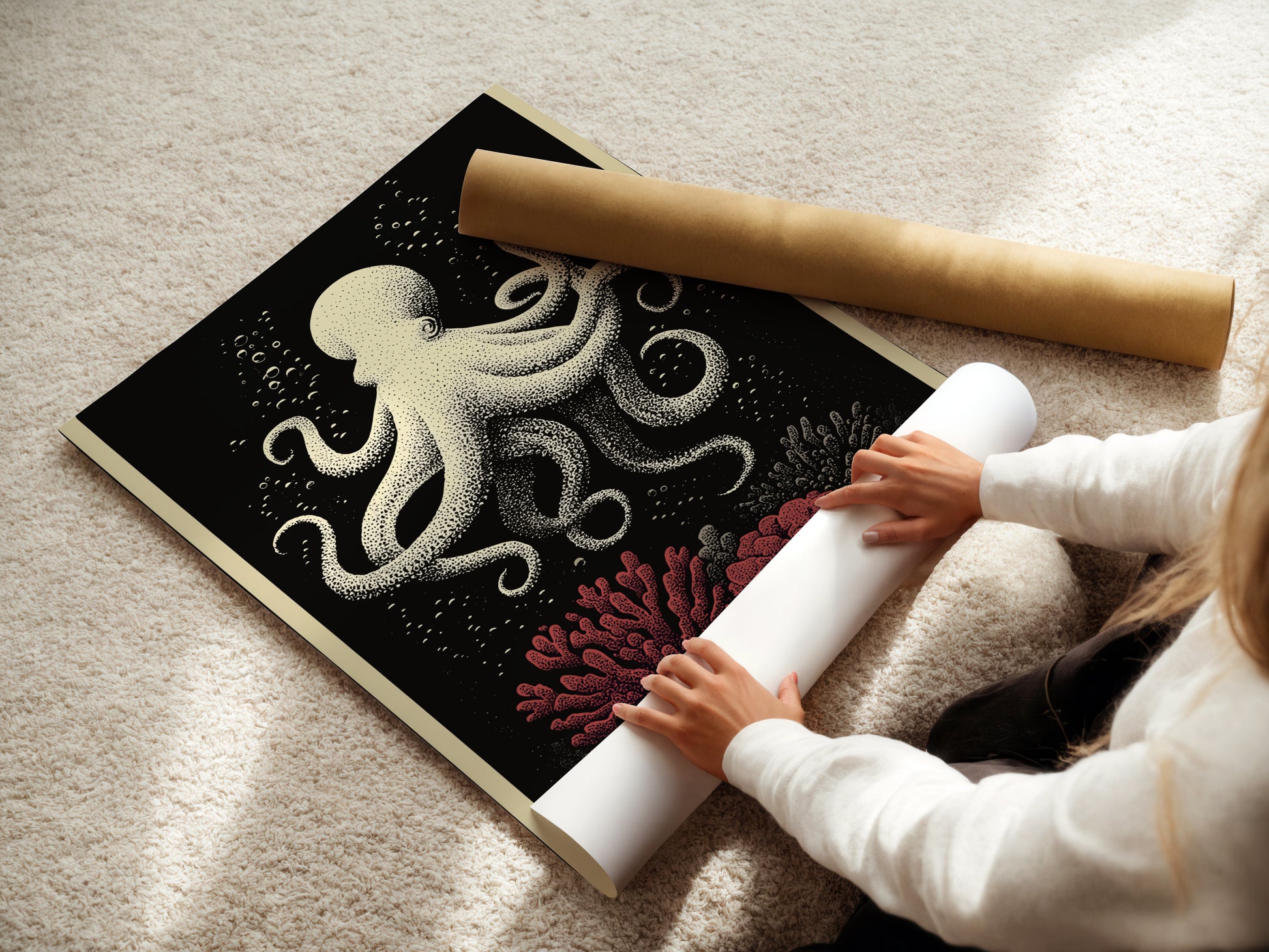 Woman rolling a fine art poster paper. She is carefully preparing an octopus canvas print. The nautical wall art will feature coral reef art. This coastal home decor will soon become beautiful ocean creature artwork.