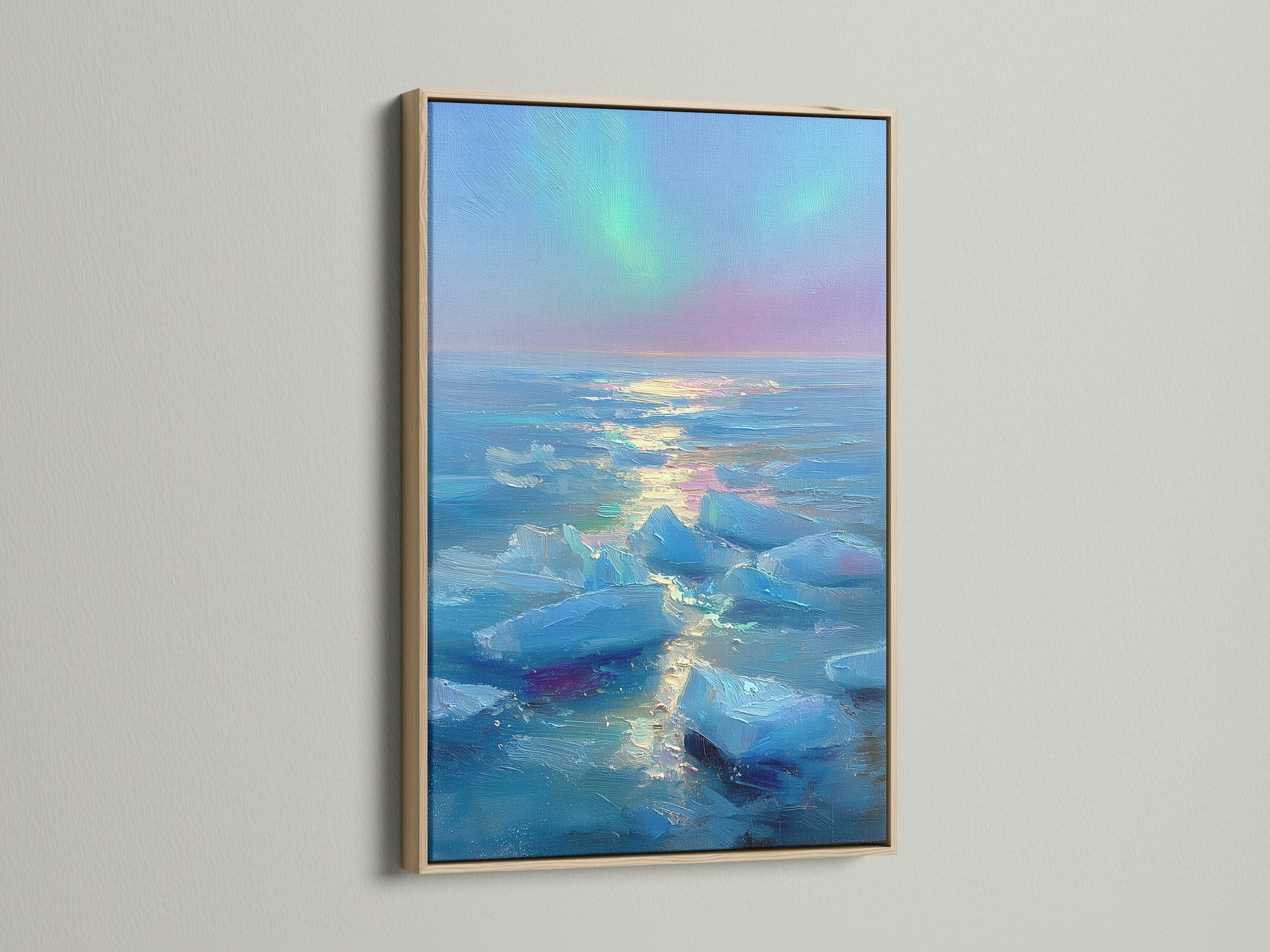 Artwork in an oak frame hangs on a wall. The oak frame enhances the artwork. It brings warmth and natural beauty to any room. Elevate your home decor with this stunning framed art piece. The artwork becomes a focal point of conversation and admiration.