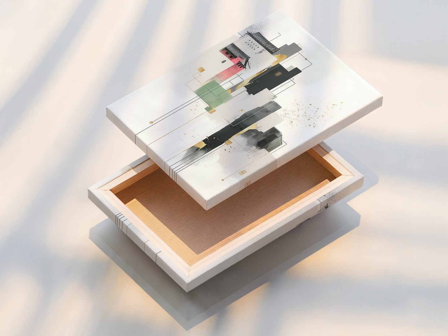 A stretched canvas print displays an abstract cityscape artwork. The modern architecture wall art enhances any space. This geometric building artwork is perfect for office decor. The minimalist art features neutral tones and subtle gold accents. Discover the beauty of this contemporary art for your home or office. Ideal for scandi decor enthusiasts seeking urban art prints.