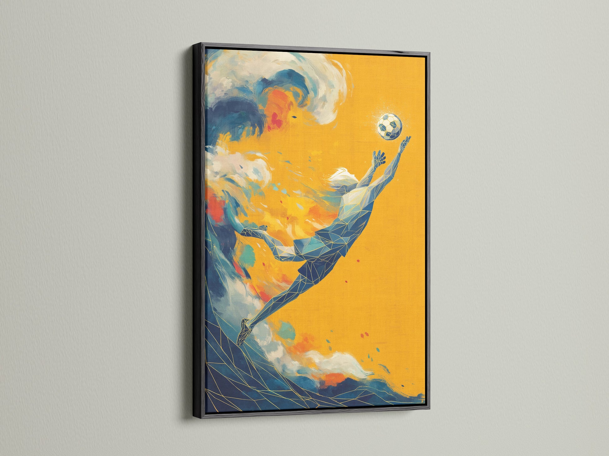 Modern soccer art print in a black frame. This geometric sports art print is a stylish addition to any contemporary space. The contrast of the black frame enhances the artwork's bold colors. Add a touch of athletic flair to your wall decor.